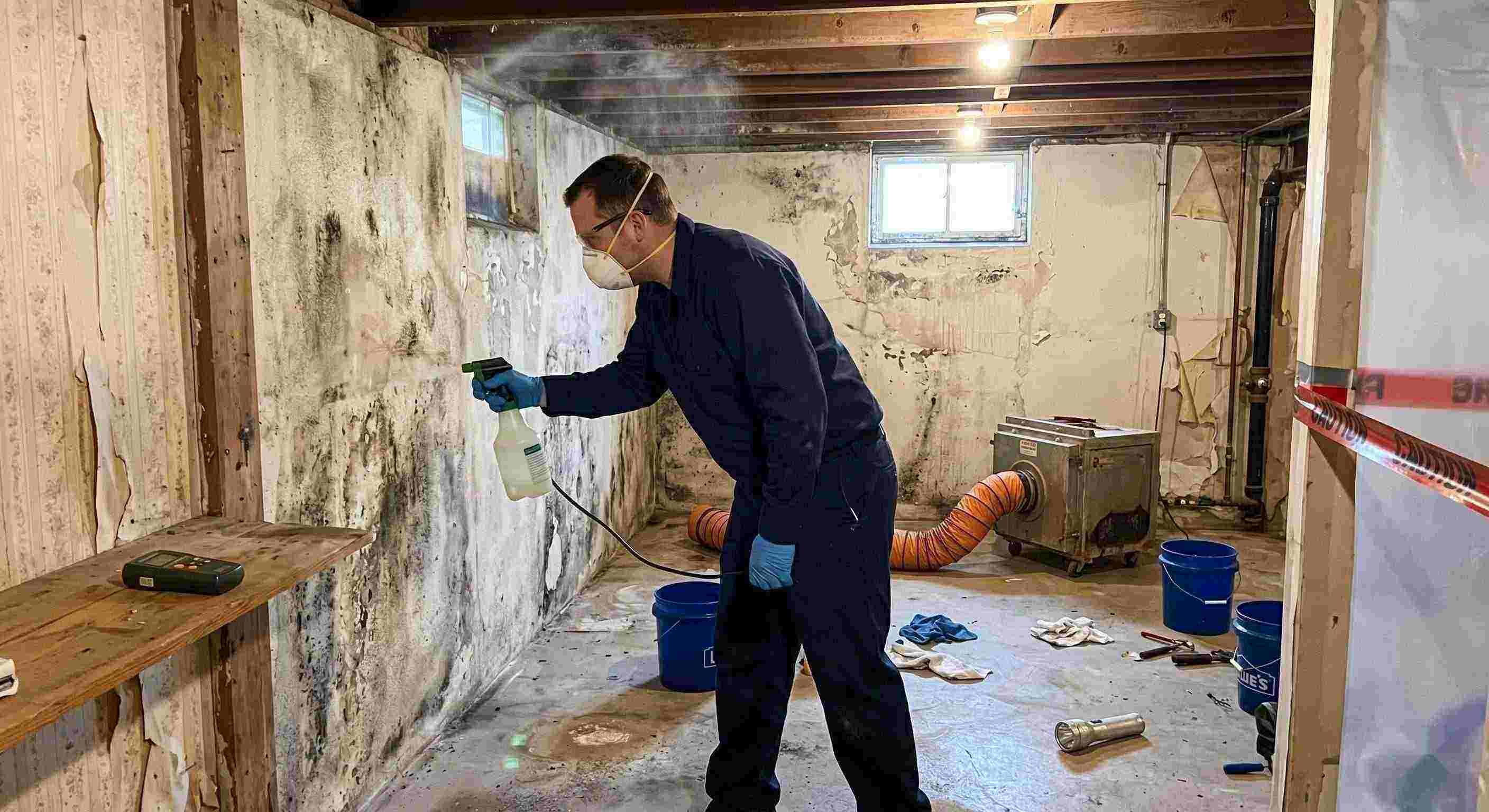 Professional technician performing antimicrobial mold treatment in a damp basement during mold remediation in a home in Rochester.