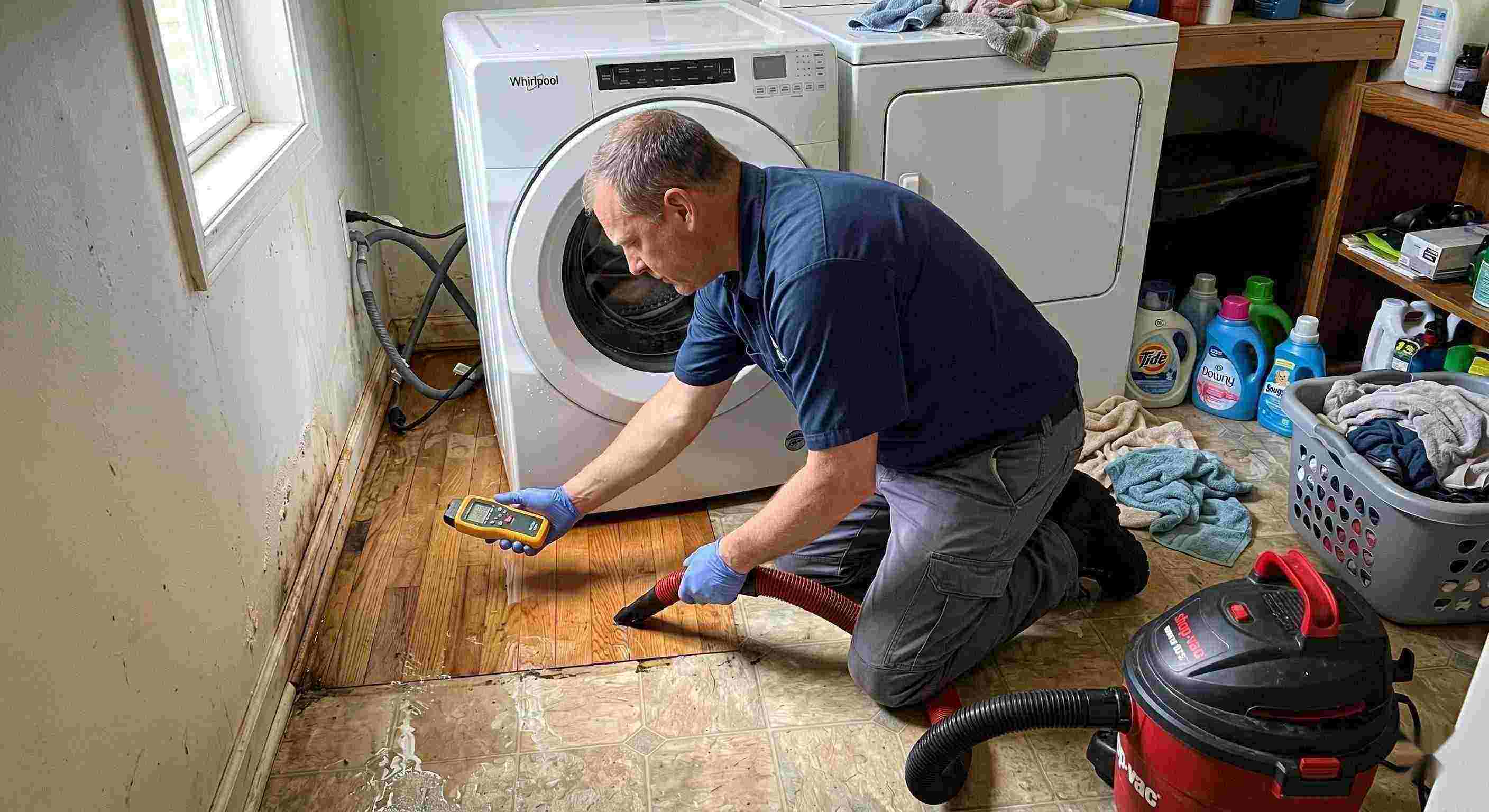 Appliance leak cleanup in a home laundry area with water pooling around the washing machine, showing technicians removing water and inspecting damp floors in Rochester.