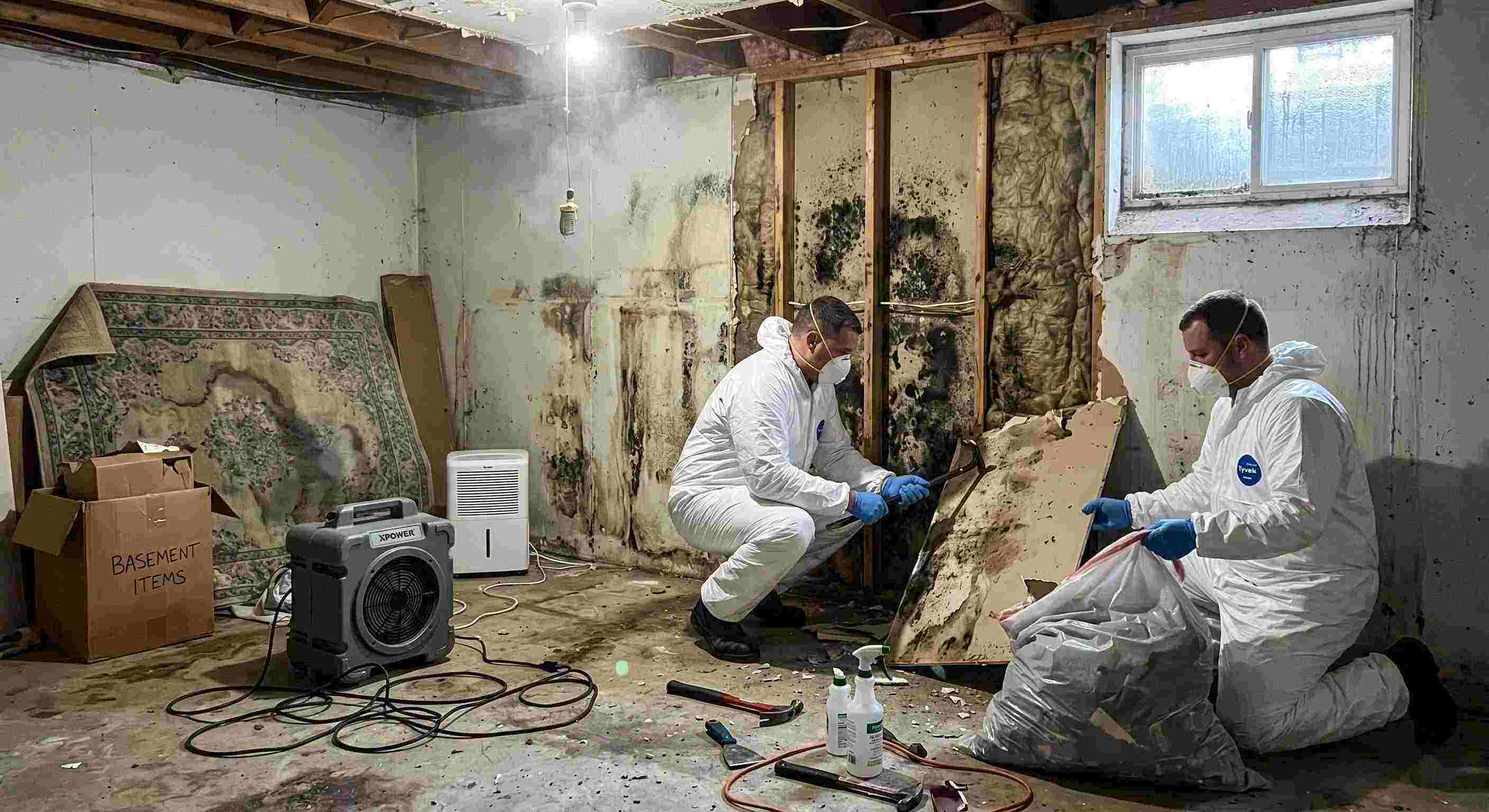 Realistic basement mold removal in a home in Rochester, showing technicians safely removing black mold and using dehumidifiers and HEPA air scrubbers.