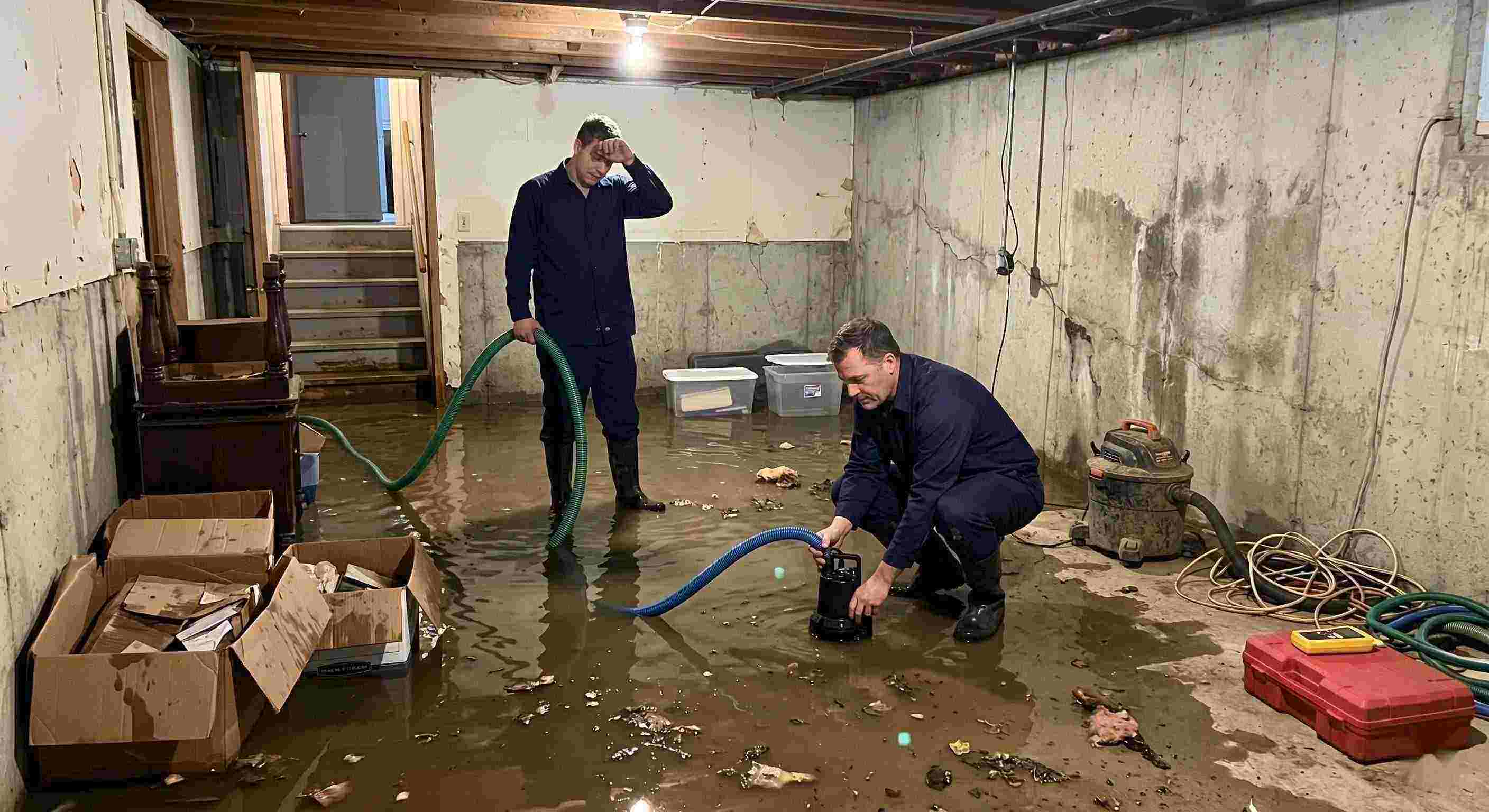 basement water removal service in Rochester with technicians pumping out flooded basement