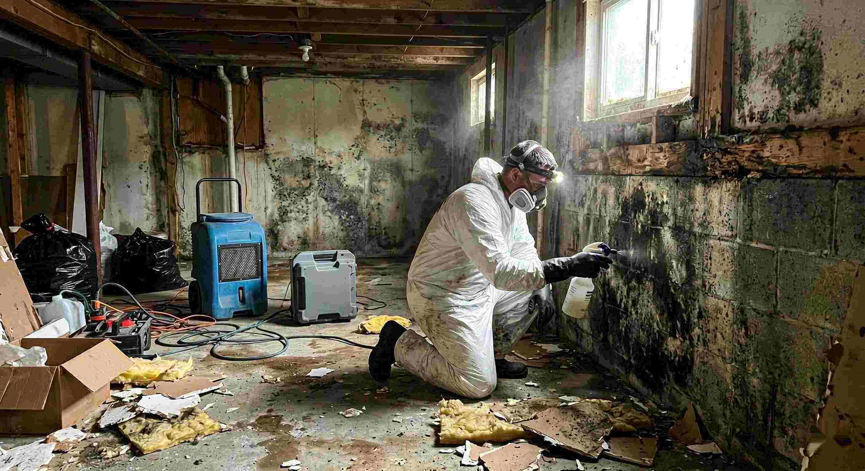 Technician performing black mold cleanup in a damp residential basement in Rochester, showing removed drywall, mold patches, and remediation equipment.