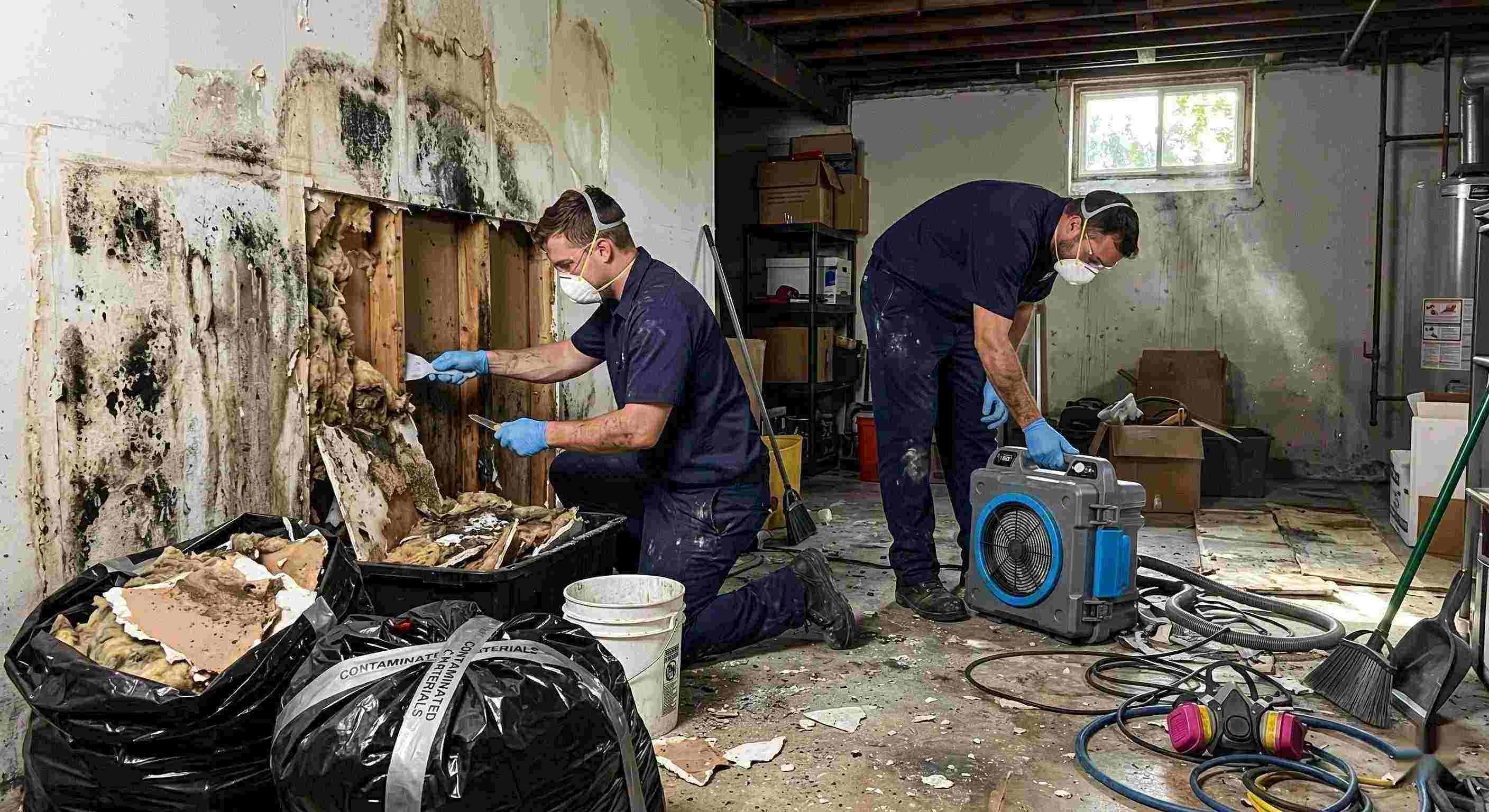 Technicians performing black mold cleanup in a damp residential basement in Rochester, carefully removing contaminated drywall and insulation.