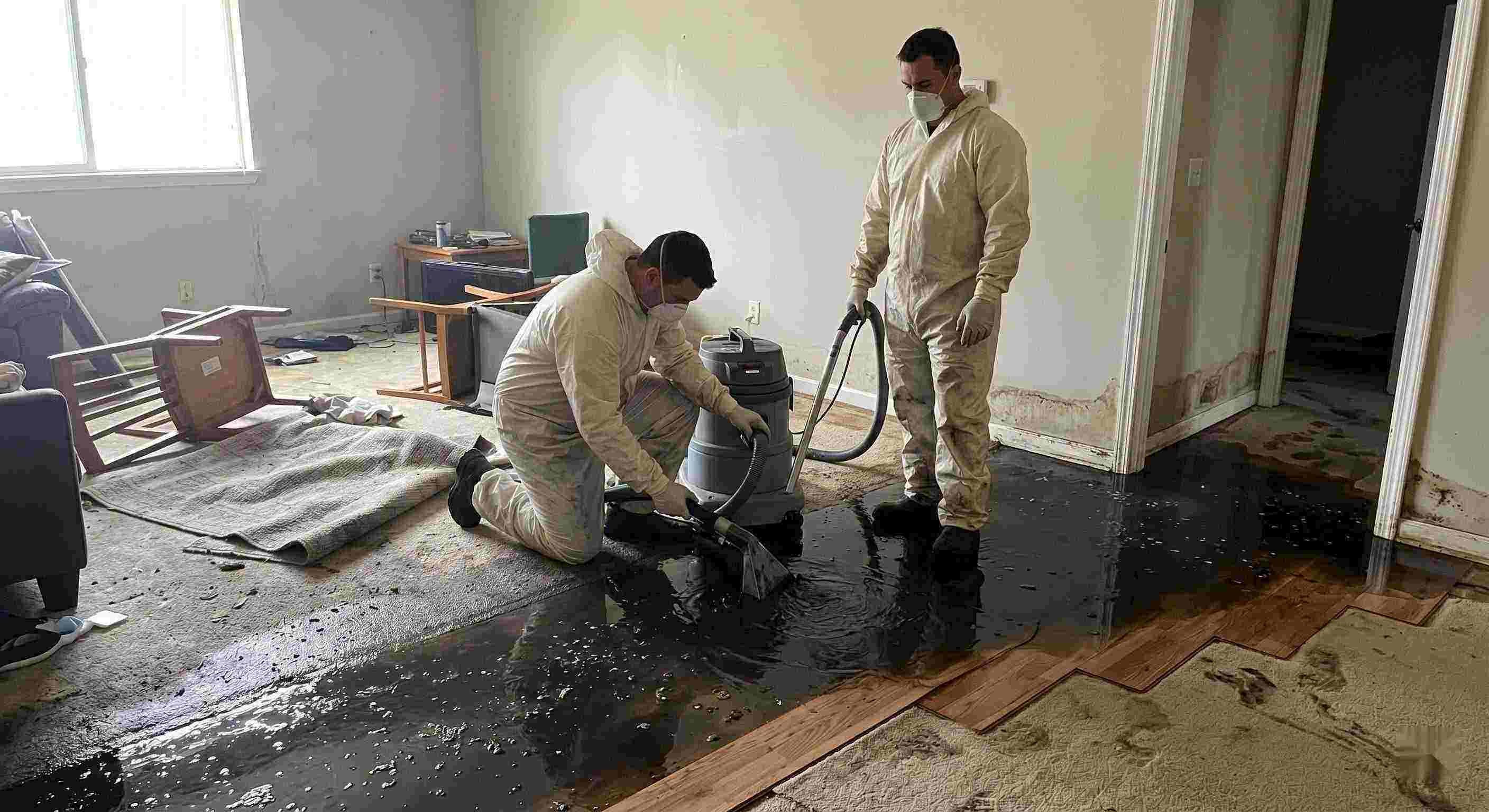 Black water removal service in Rochester showing technicians extracting contaminated sewage water from flooded home interior