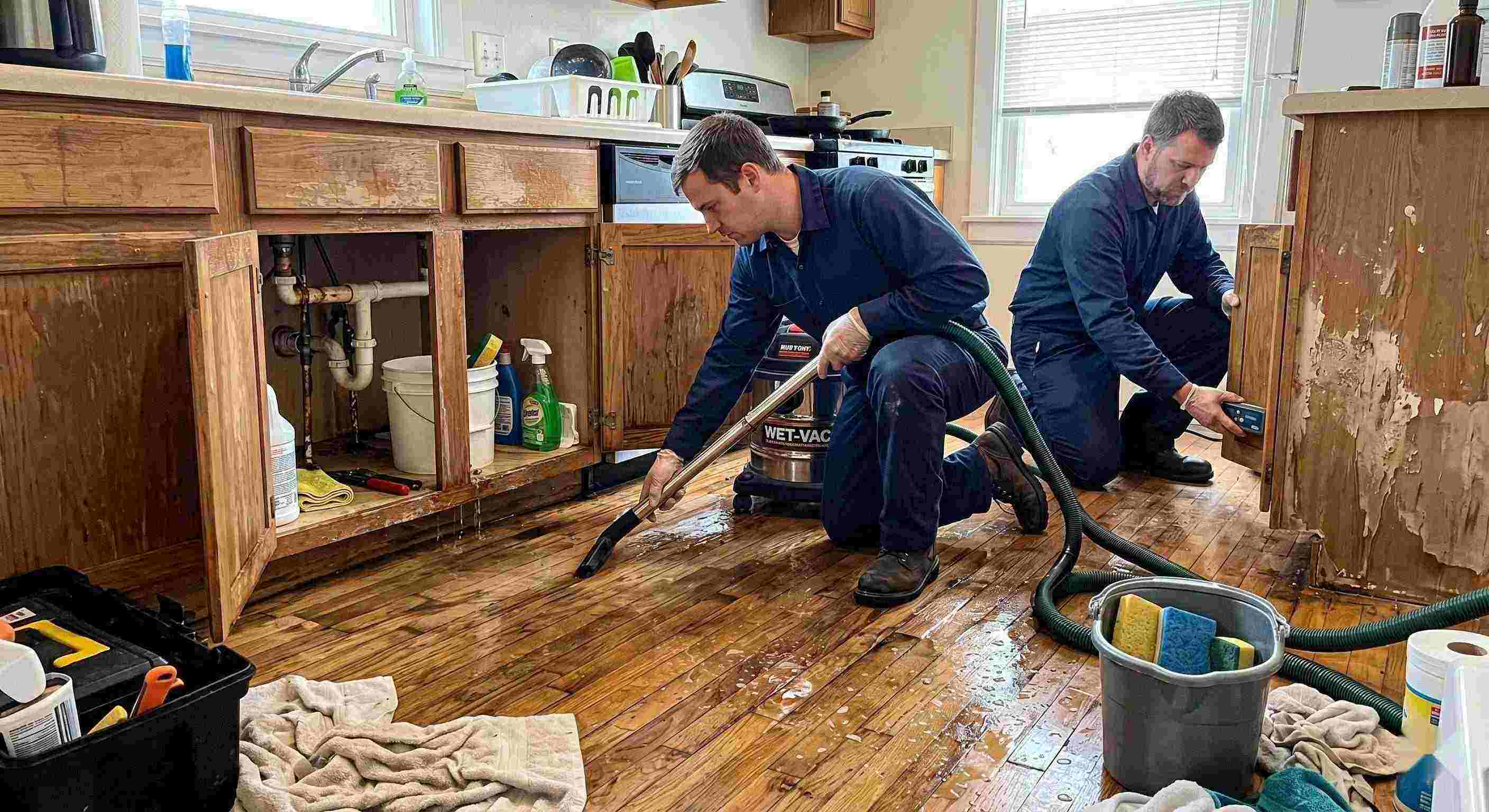 Realistic photo of technicians performing burst pipe water damage cleanup in a home in Rochester, removing standing water and inspecting wet floors and walls.