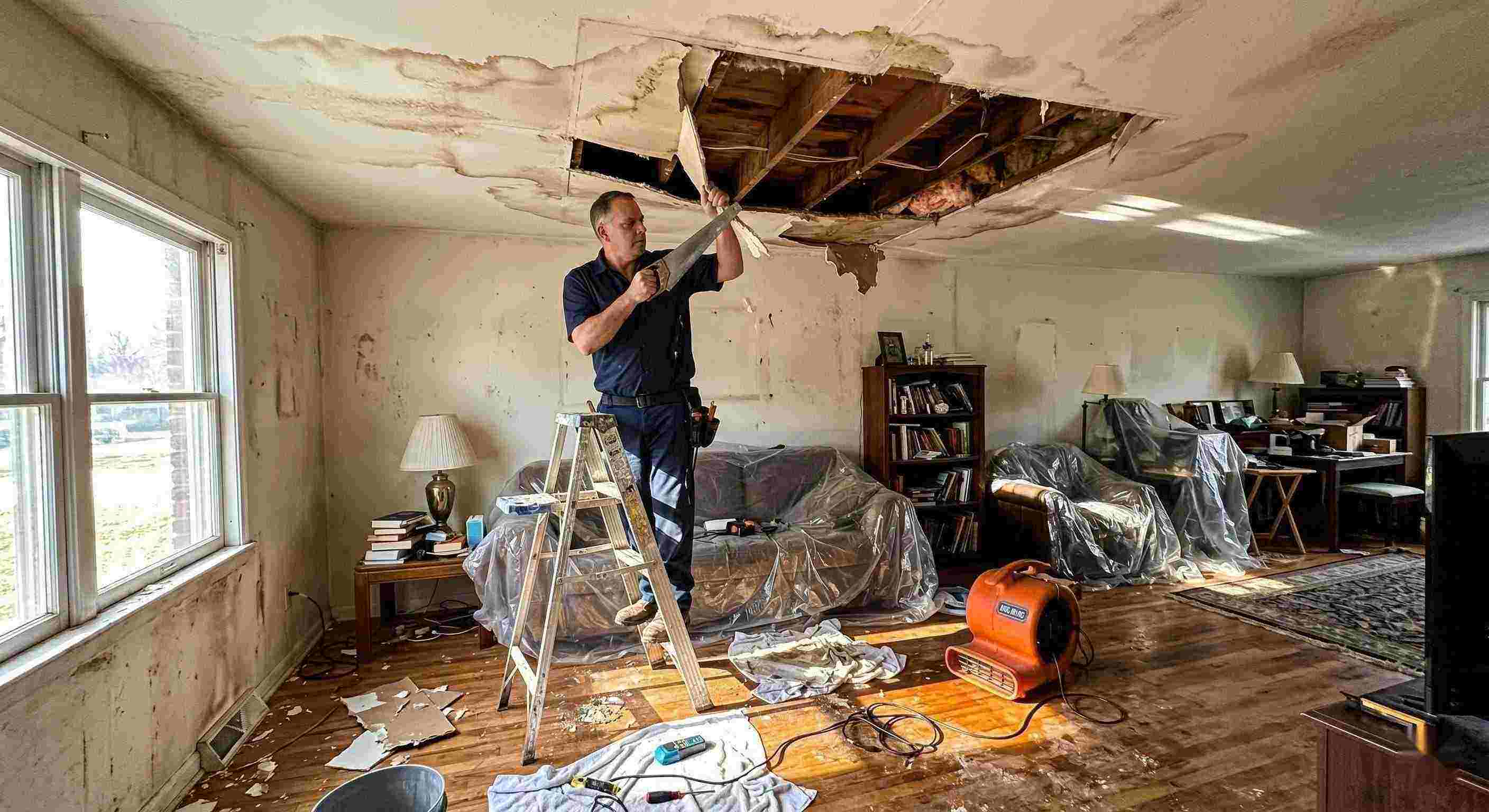 Realistic indoor scene of technicians performing ceiling leak repair in a home in Rochester, showing water-damaged ceiling, tools, and drying equipment.