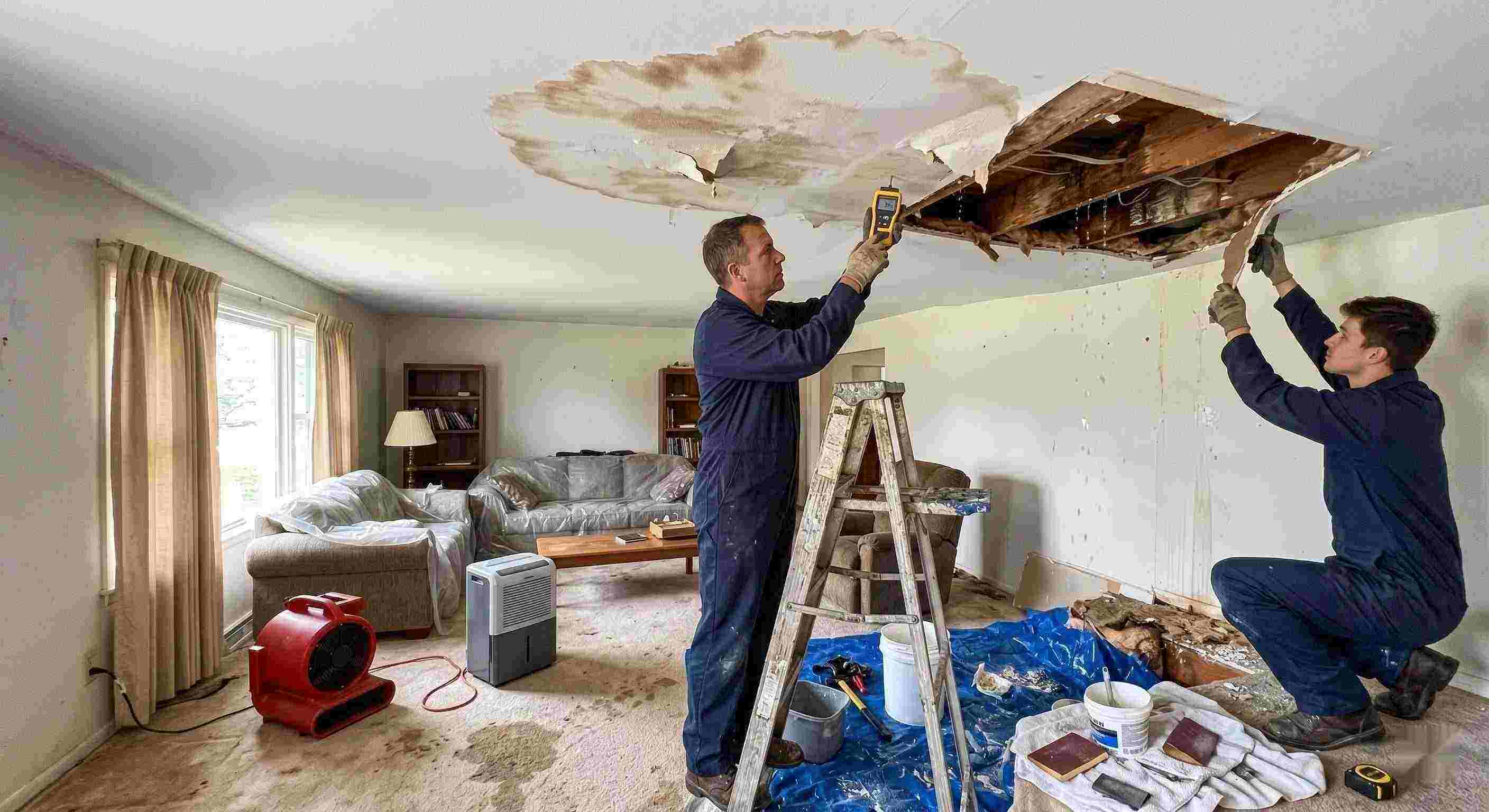 Realistic residential ceiling leak repair scene with technicians using moisture meters and air movers to fix water damage in a home in Rochester.