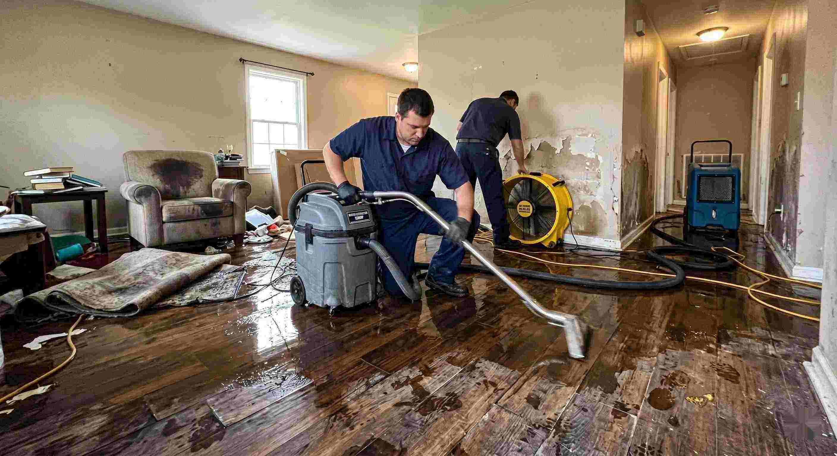 Top-rated emergency water damage restoration technicians removing water from flooded home in Batavia