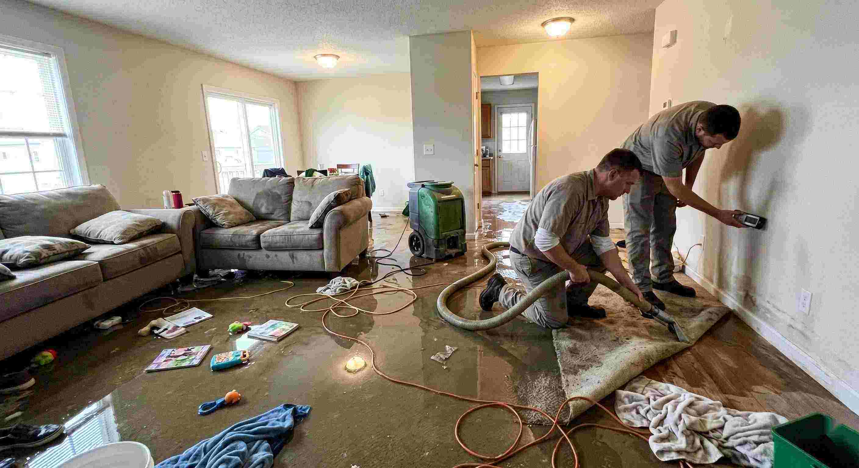 Emergency water removal technicians extracting water from flooded living room in Rochester