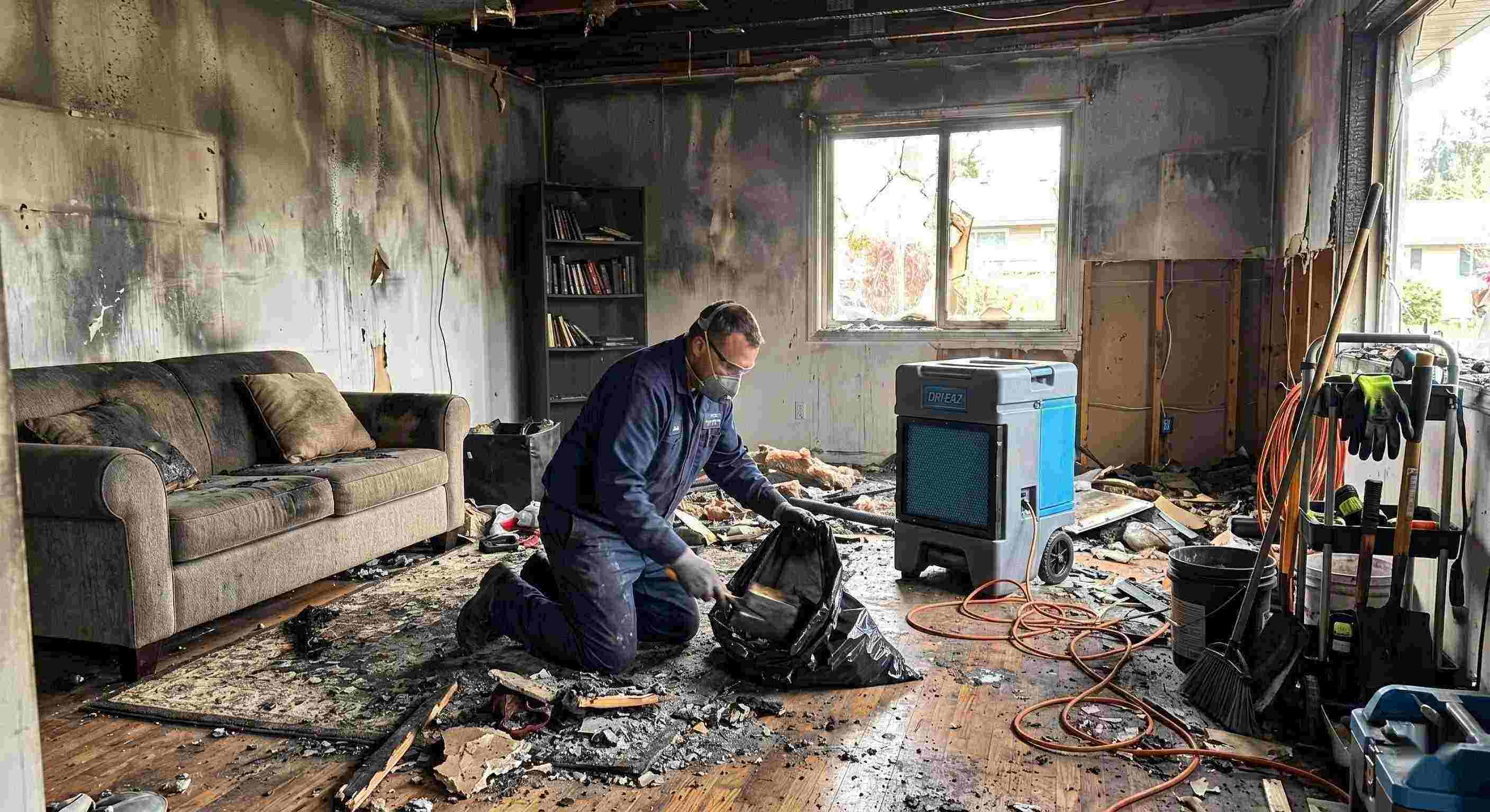 Fire damage cleanup scene with technician removing debris from a home affected by fire in Rochester