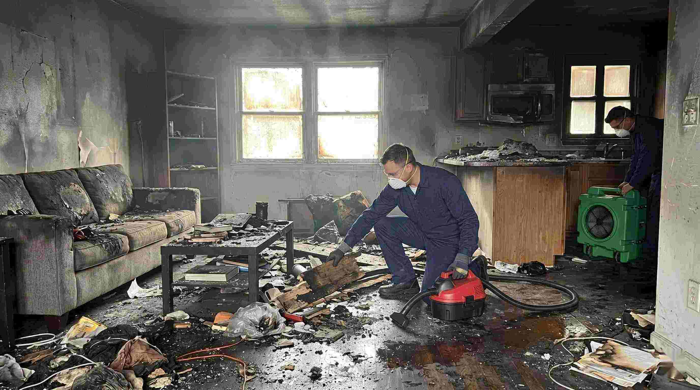 Realistic image showing extensive fire damage in a home with soot, debris, and smoke residue, captured during fire damage restoration in Rochester.
