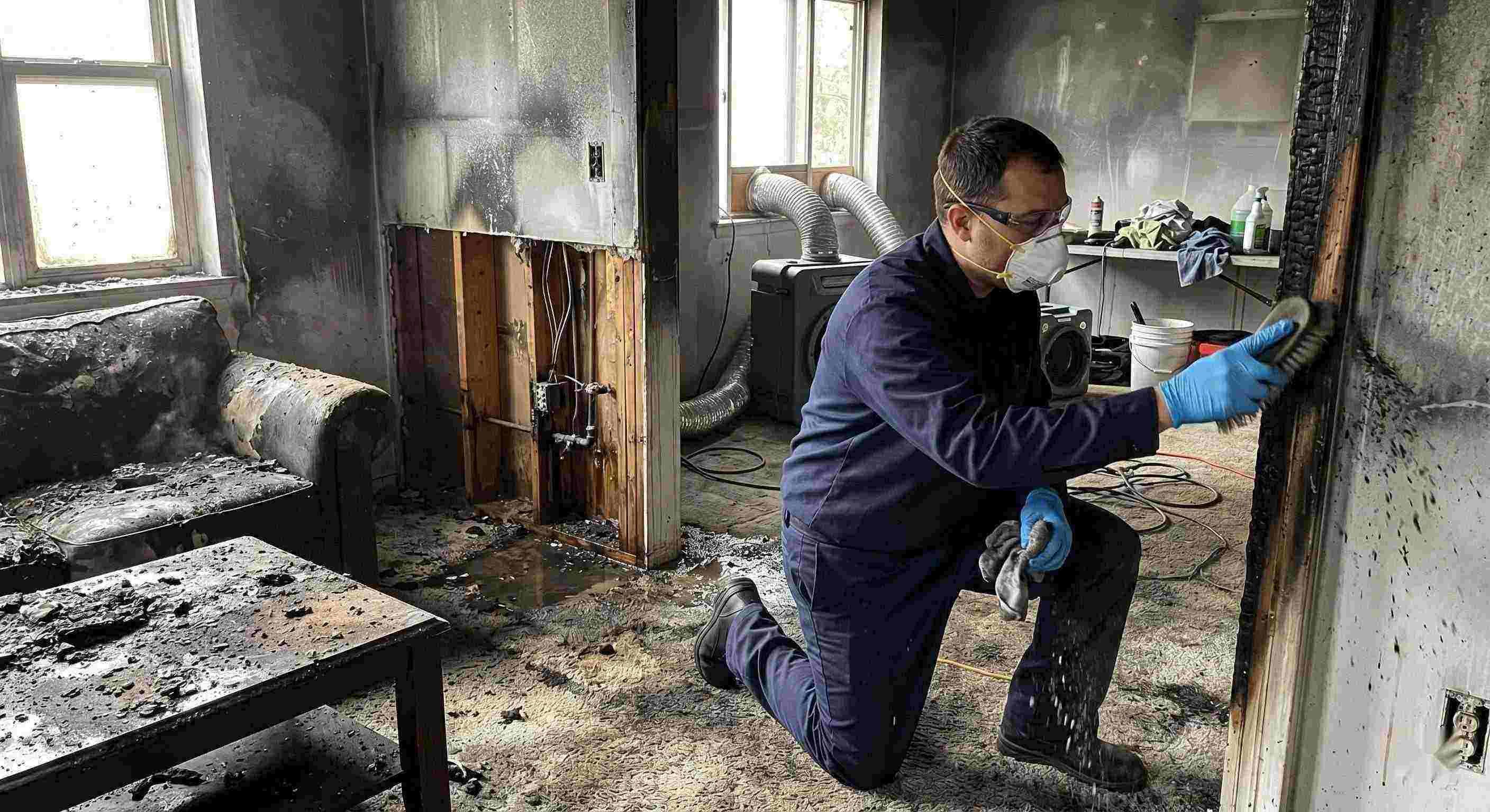 Action shot of a fire damage restoration technician cleaning soot and debris in a home damaged by fire in Rochester