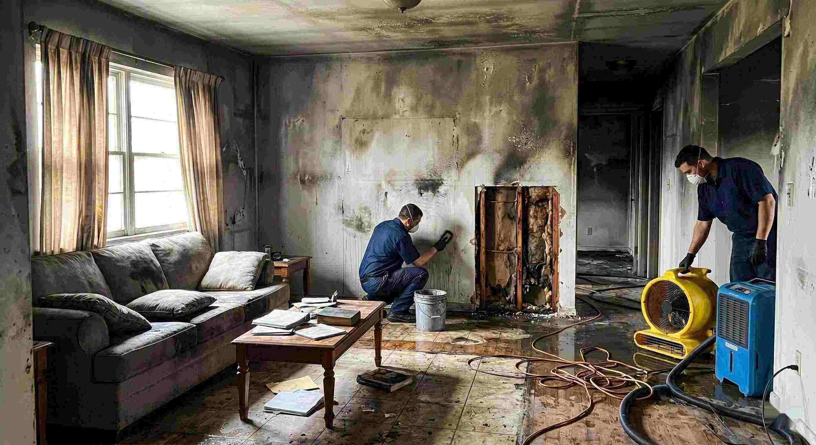 Best fire damage restoration cleanup with technicians removing soot and drying water damage in home Batavia