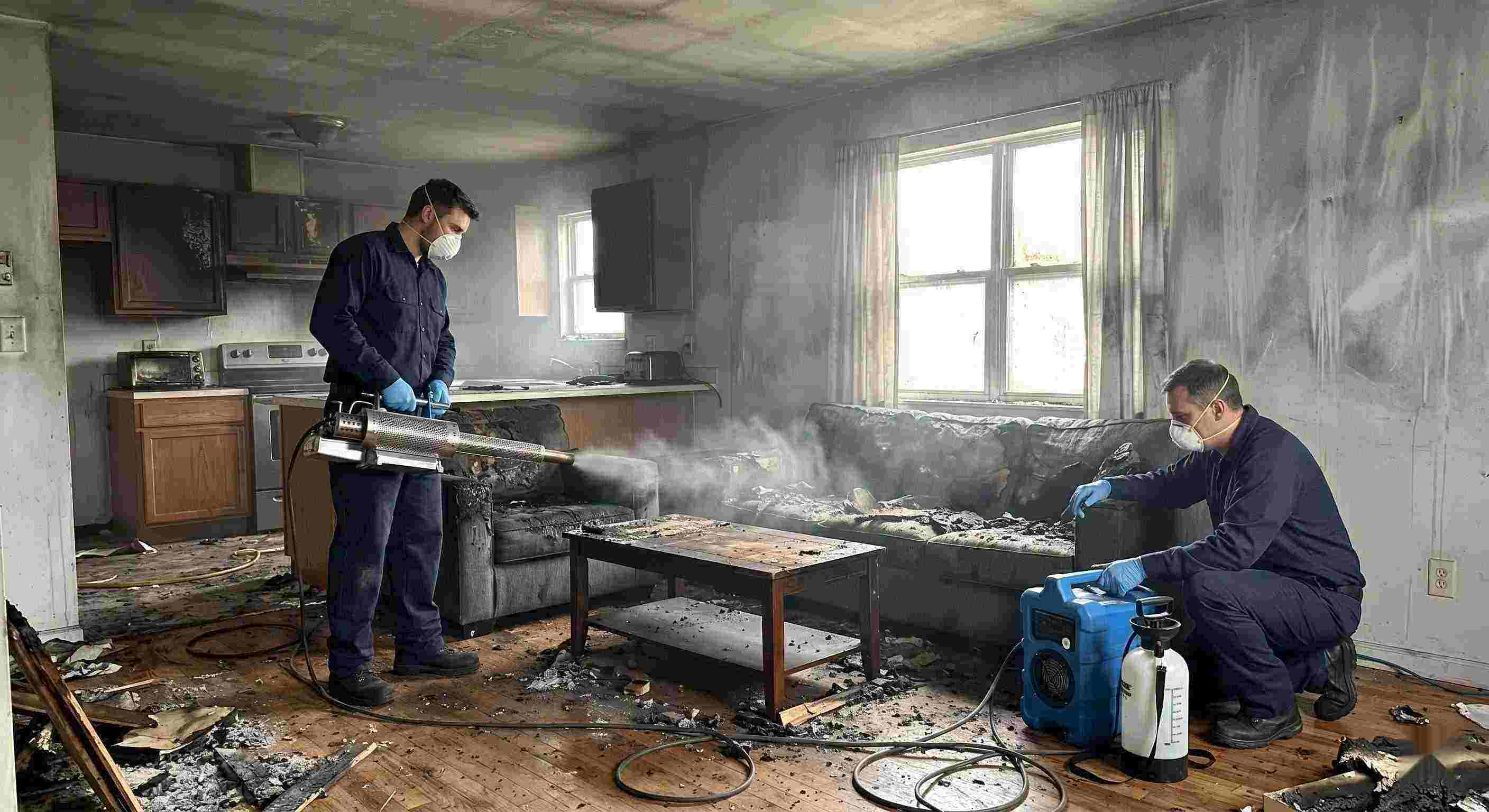 Fire odor removal service in a home showing technicians using thermal fogging equipment to eliminate smoke and soot odors in Rochester.
