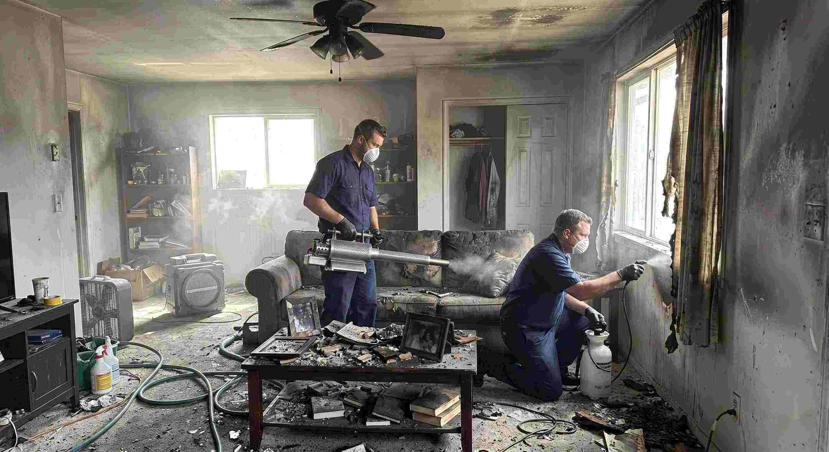 Fire damage restoration technicians removing smoke odors from a soot-stained home in Rochester, using thermal fogging and odor neutralization.