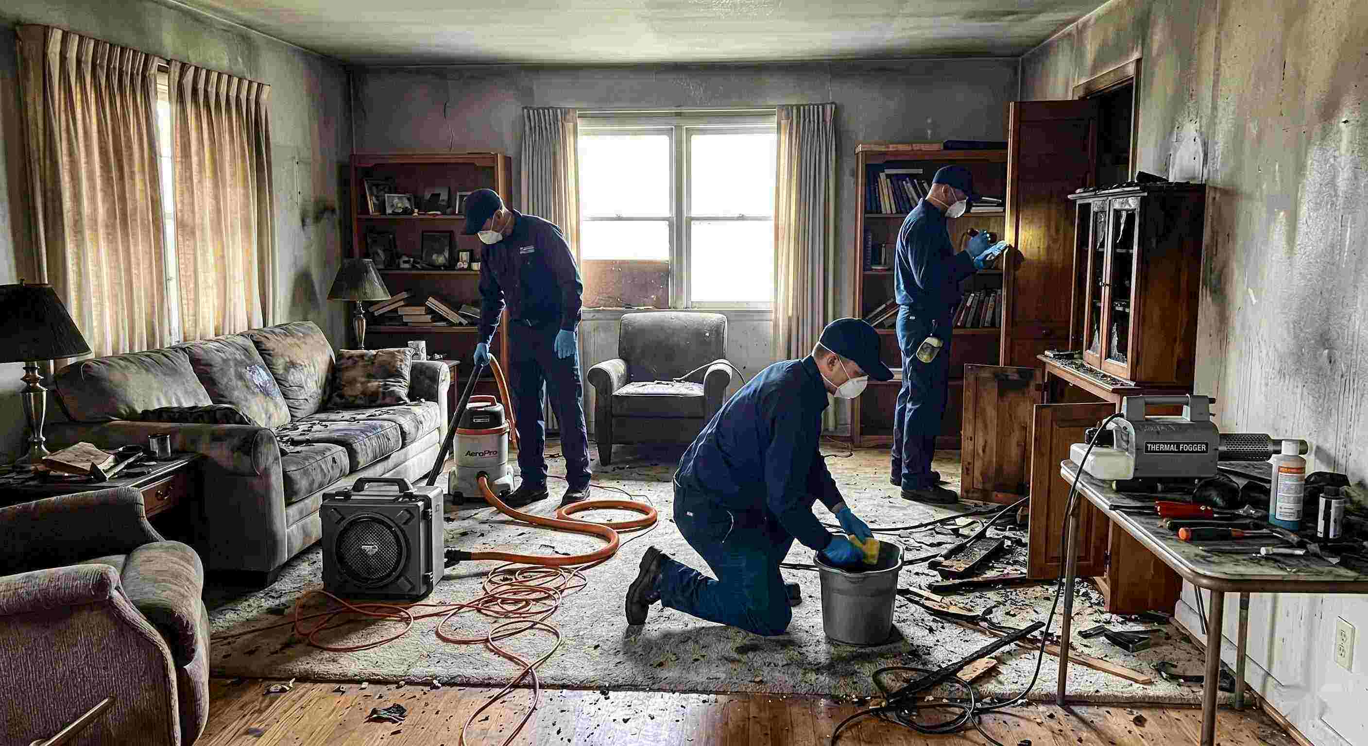 Photo of a fire restoration team using professional equipment to clean soot and smoke damage in a Rochester home, emphasizing trust and hands-on expertise.