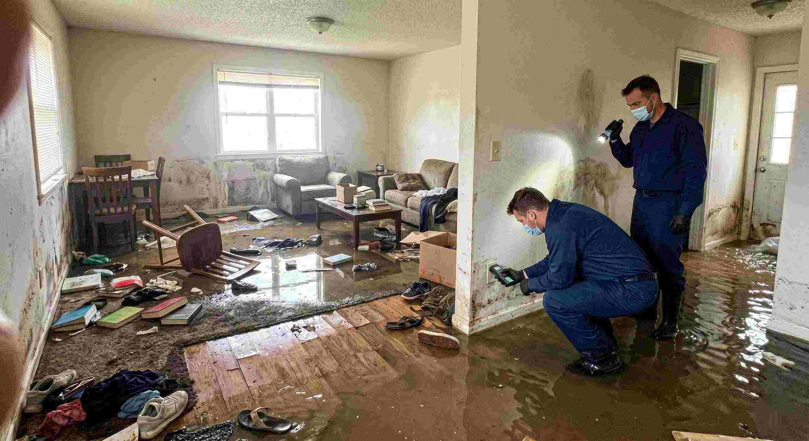 Severe home flooding with waterlogged floors, damaged furniture, and generic technician assessing the damage in Rochester