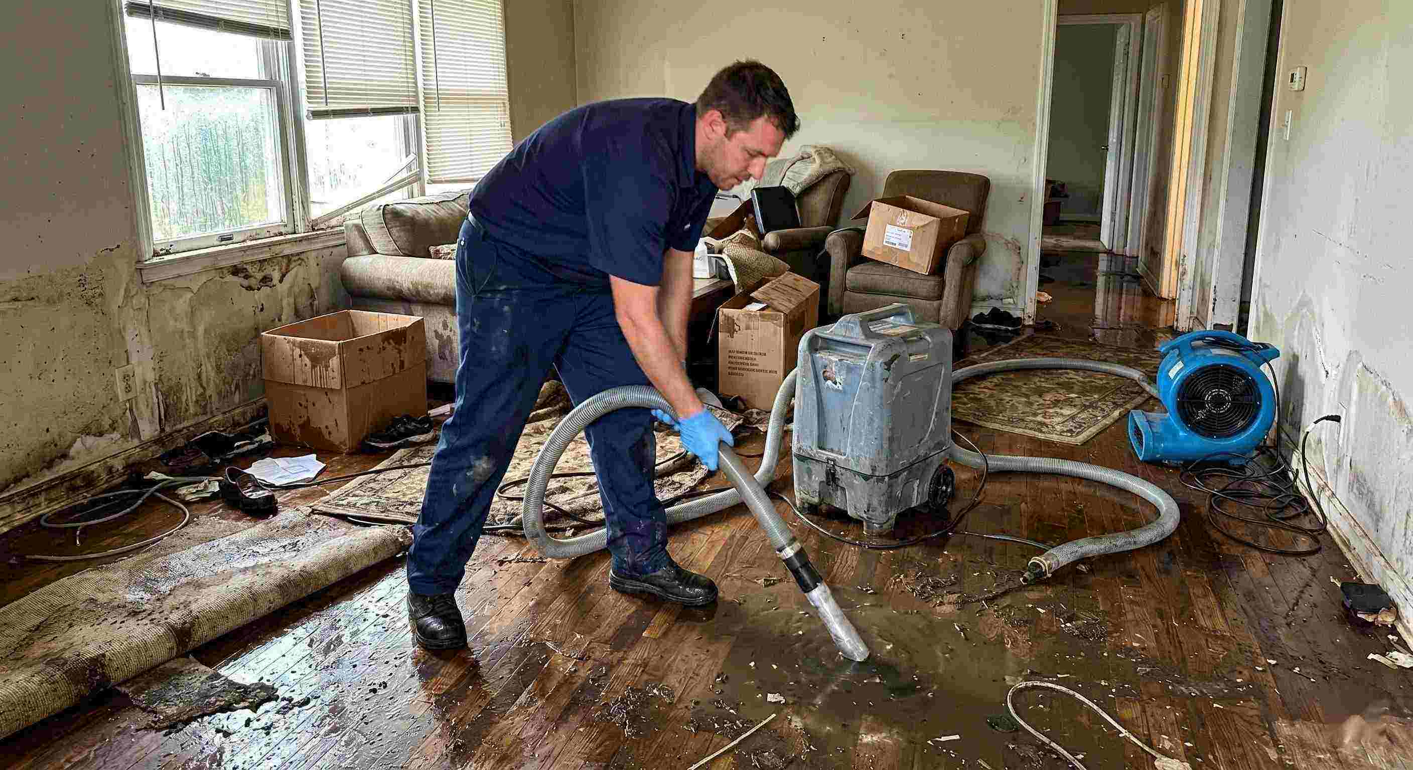 Action shot of a flood damage restoration technician removing standing water in a flooded home during the restoration process in Rochester.
