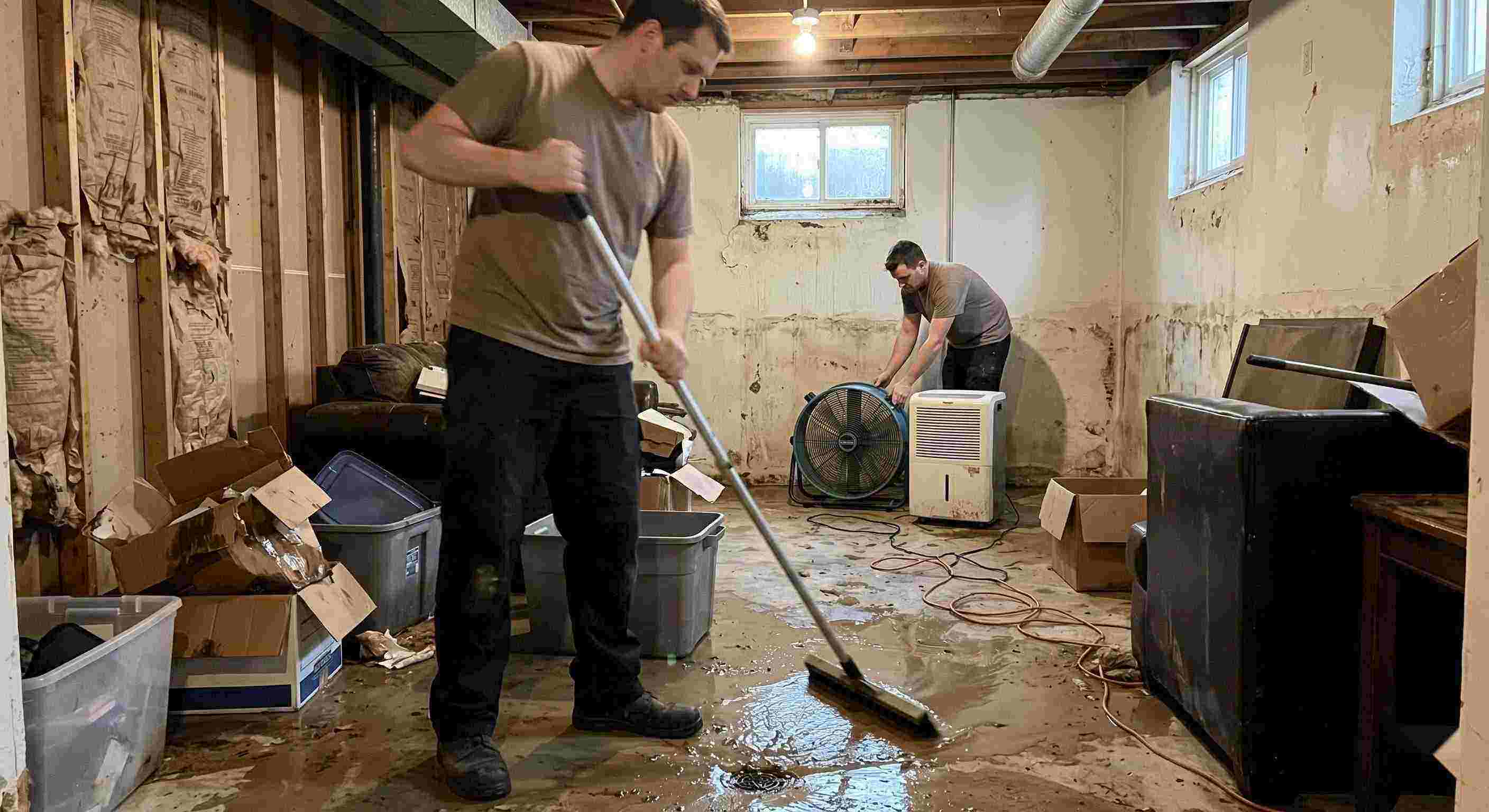 Local flood and storm damage cleanup in a residential basement with standing water removal and drying equipment in Batavia