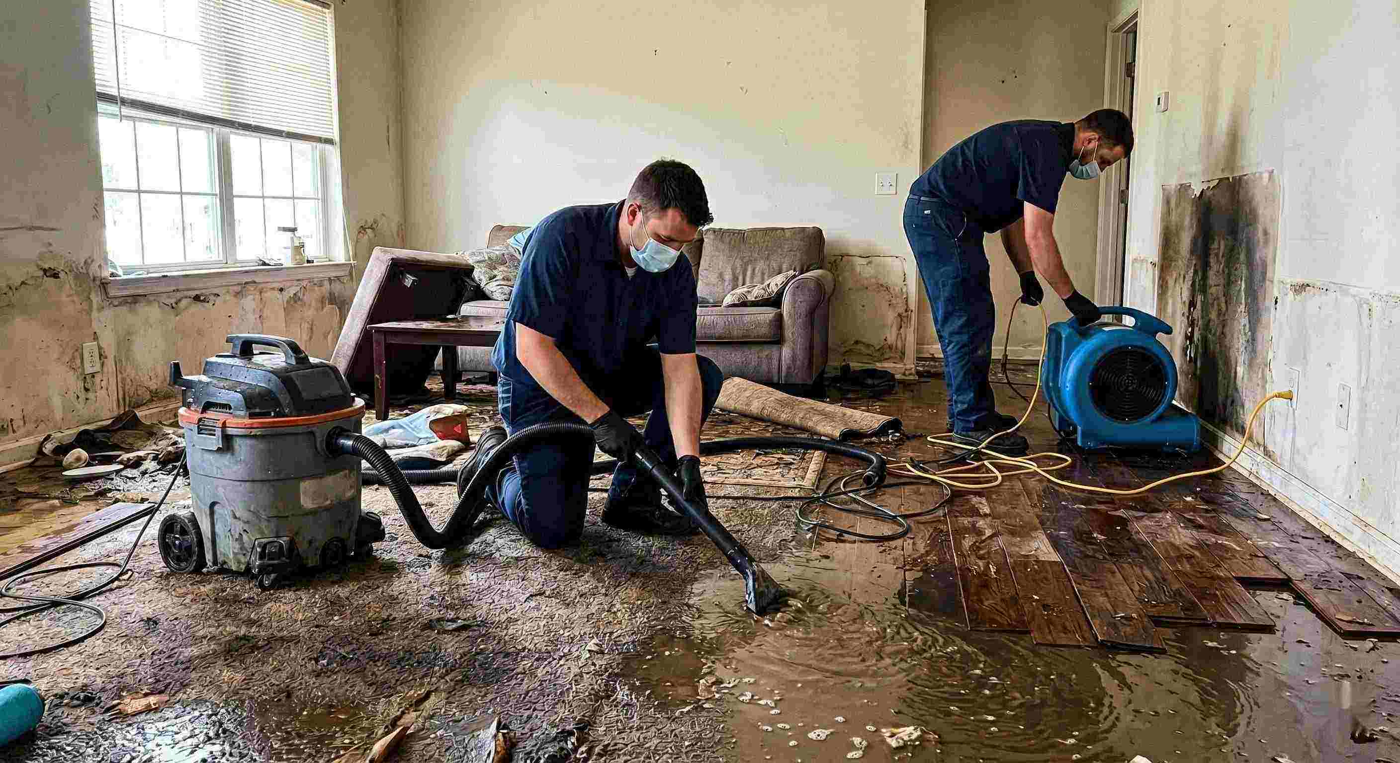 Flood water removal service in a residential home showing technicians extracting standing water and setting up drying equipment in Rochester