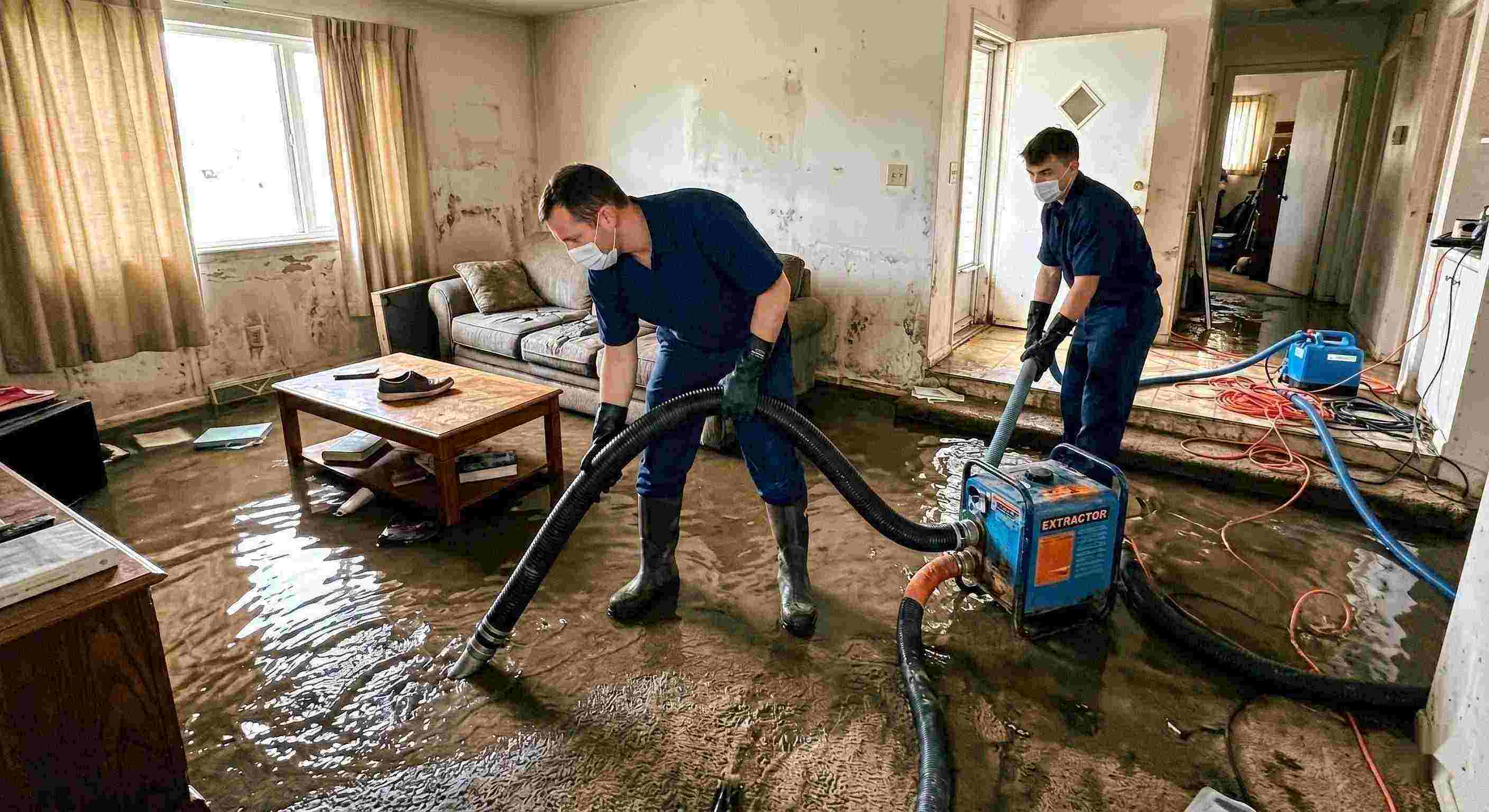 Realistic flood water removal inside a home with technicians using pumps and hoses to extract standing water during flood damage restoration in Rochester.