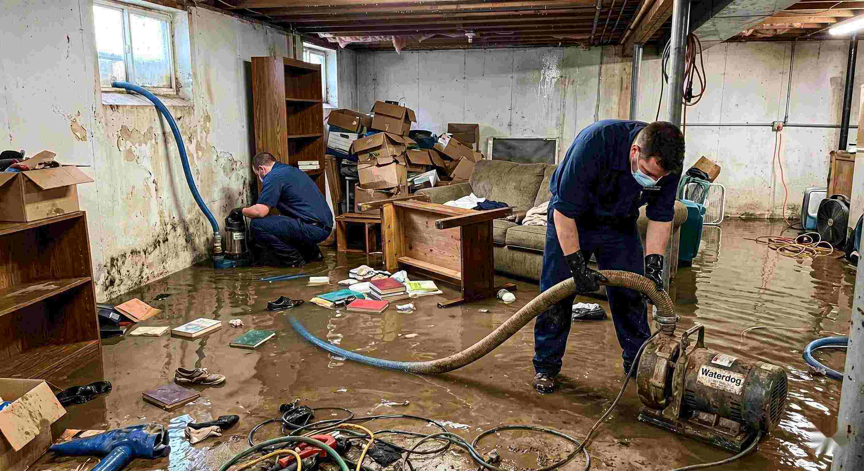 Realistic photo of a flooded basement cleanup with restoration technicians removing standing water in a home in Rochester