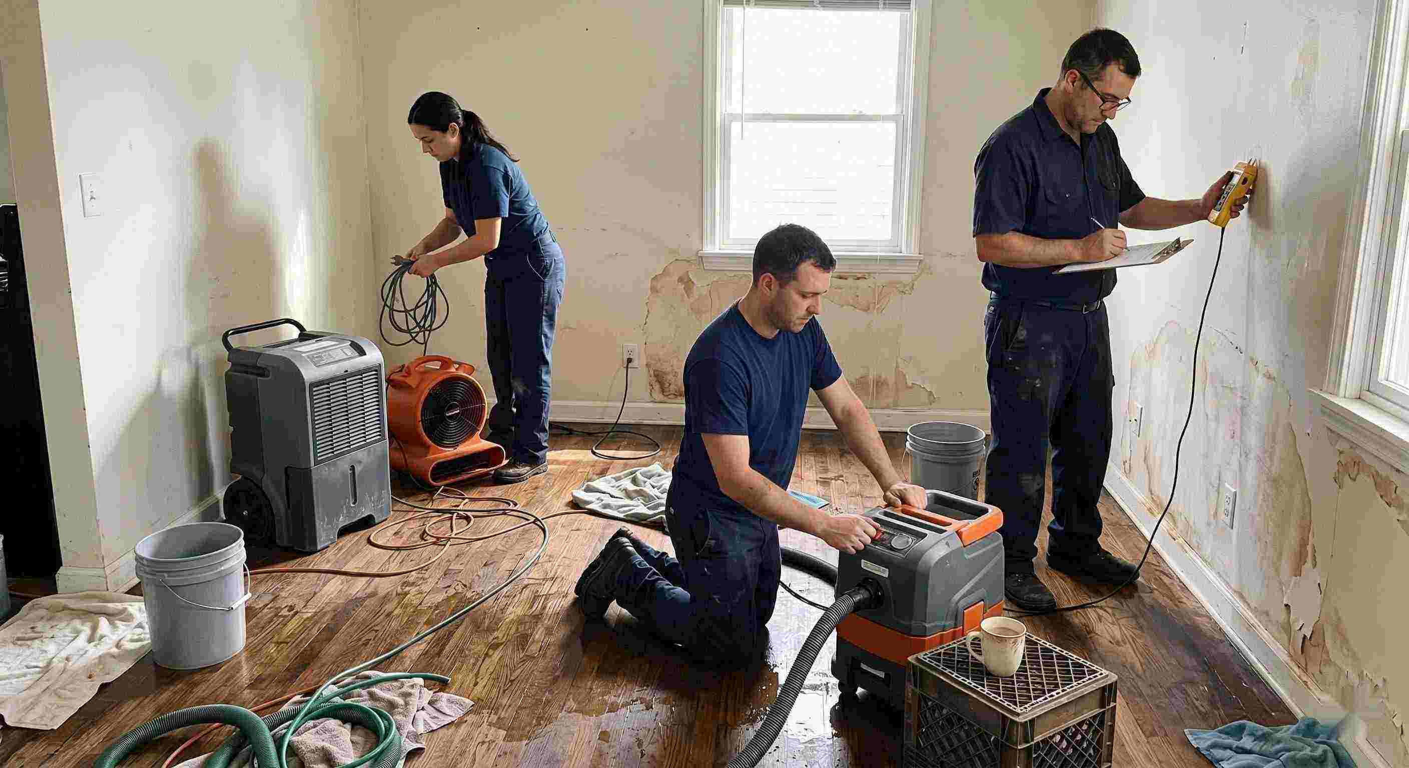 Local leak damage restoration team working with professional equipment to repair water-damaged home in Rochester.