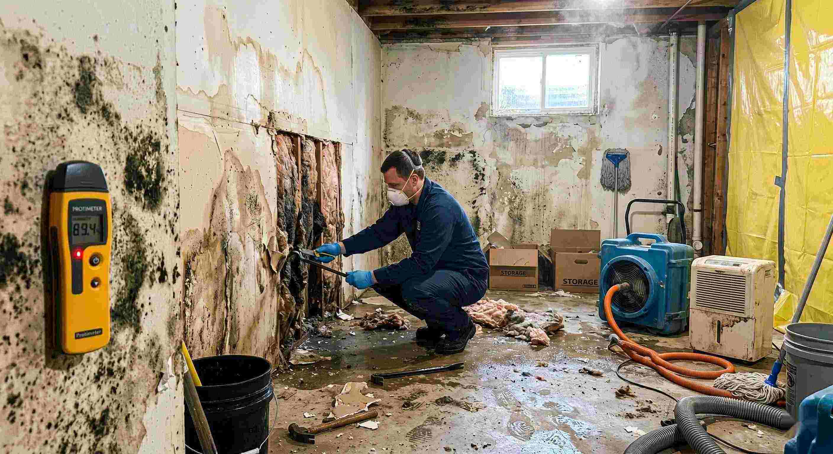Professional mold after water damage cleanup in a residential home, showing a technician removing water-damaged drywall and treating mold in a damp basement in Rochester.