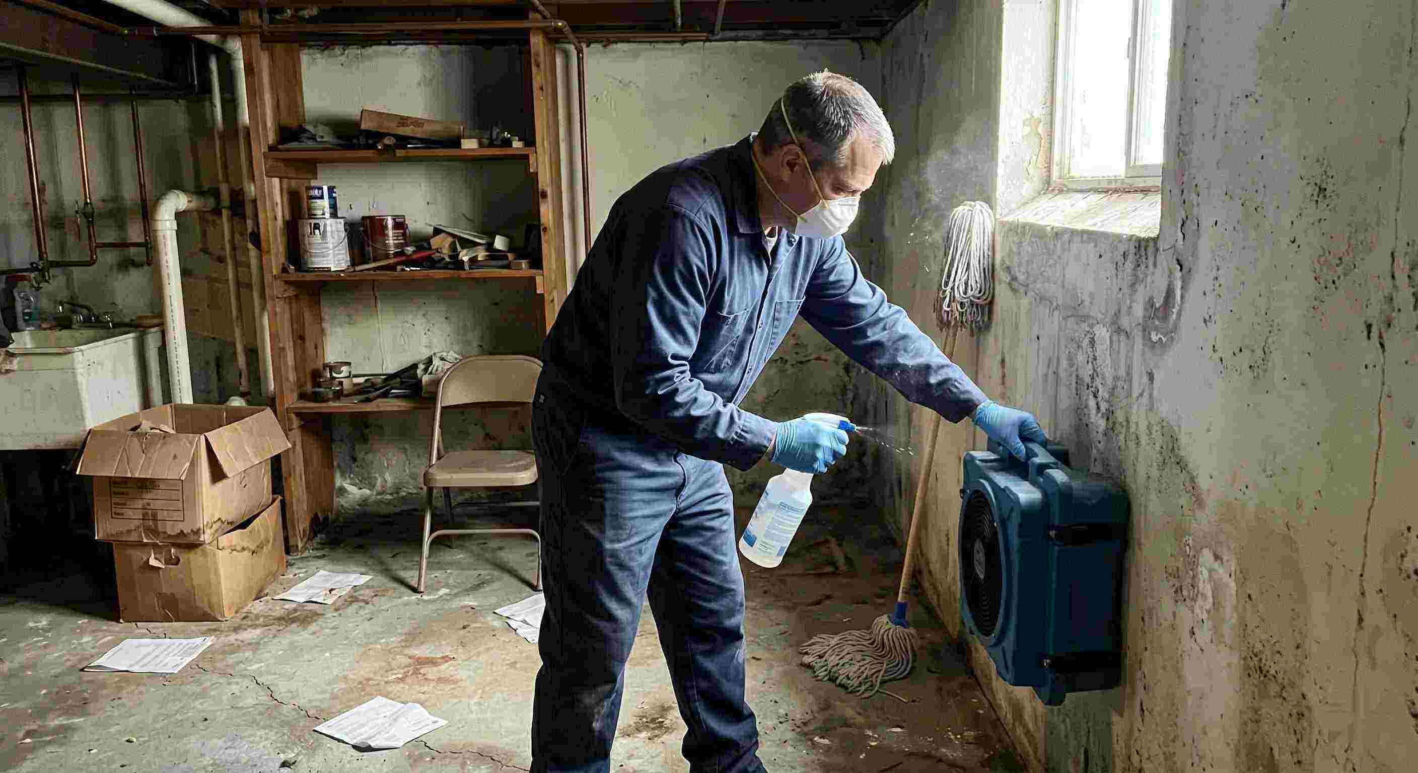 Technician performing mold odor removal in a basement, using HEPA air scrubber and antimicrobial spray, preventing mold growth in a Rochester home.