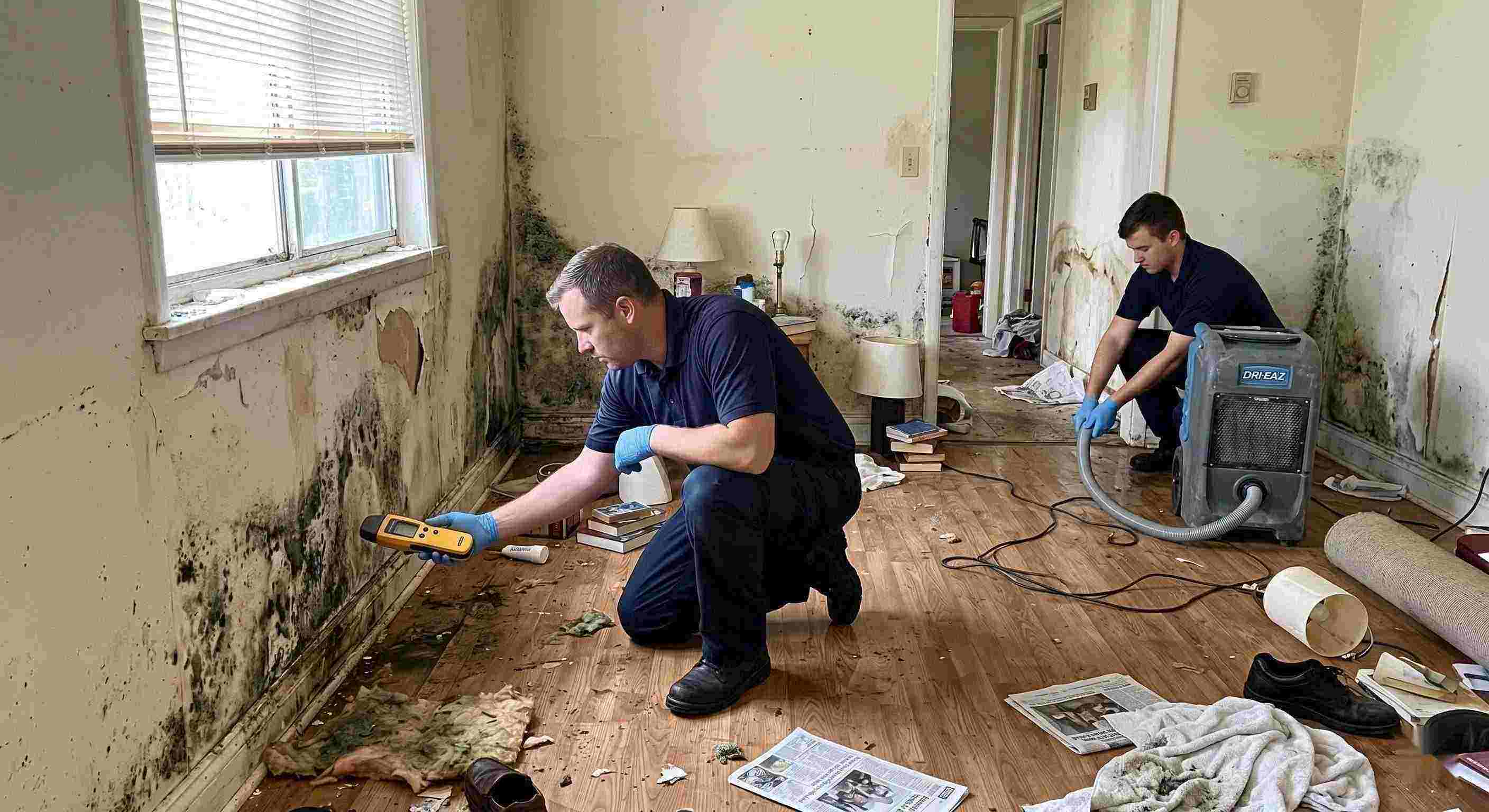 Realistic photo showing mold damage and water-affected walls in a home during mold remediation in Rochester, with technicians inspecting and controlling moisture.