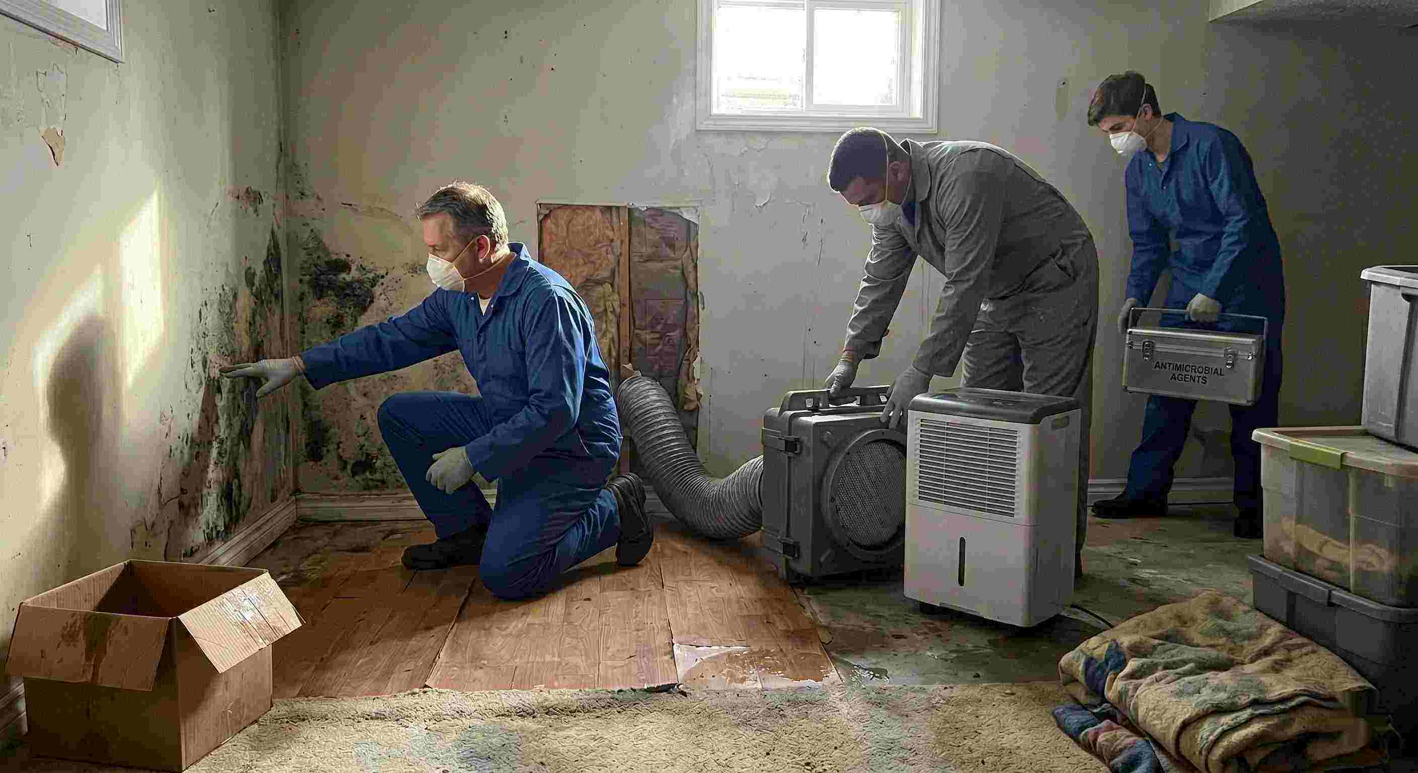 Residential mold remediation team performing inspection and cleanup with dehumidifiers and HEPA filters, showing professional team and equipment in a Rochester home.