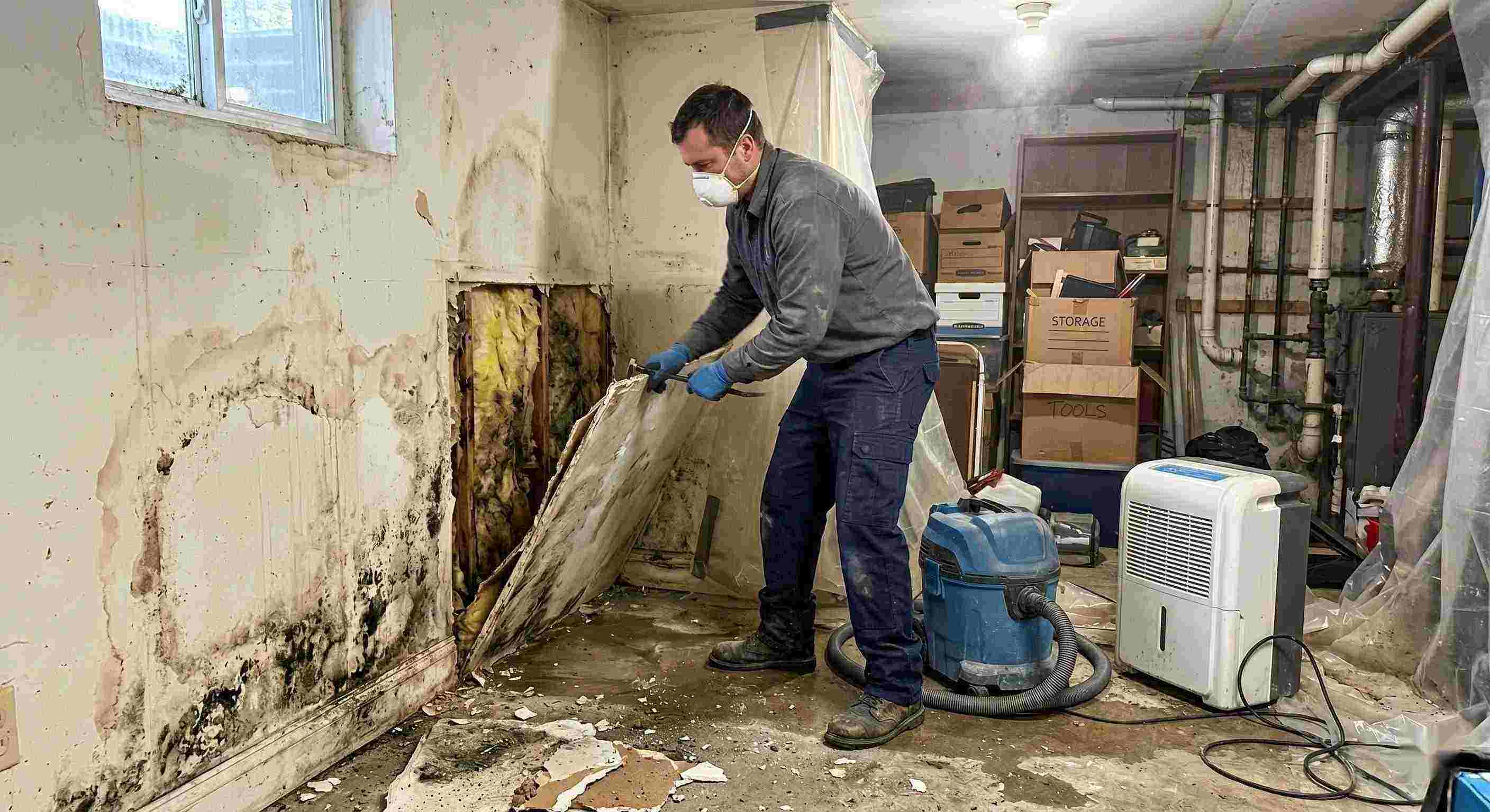 Action shot of a mold remediation technician removing damaged drywall and treating mold in a home basement in Rochester, showing realistic textures, dust, and water damage.