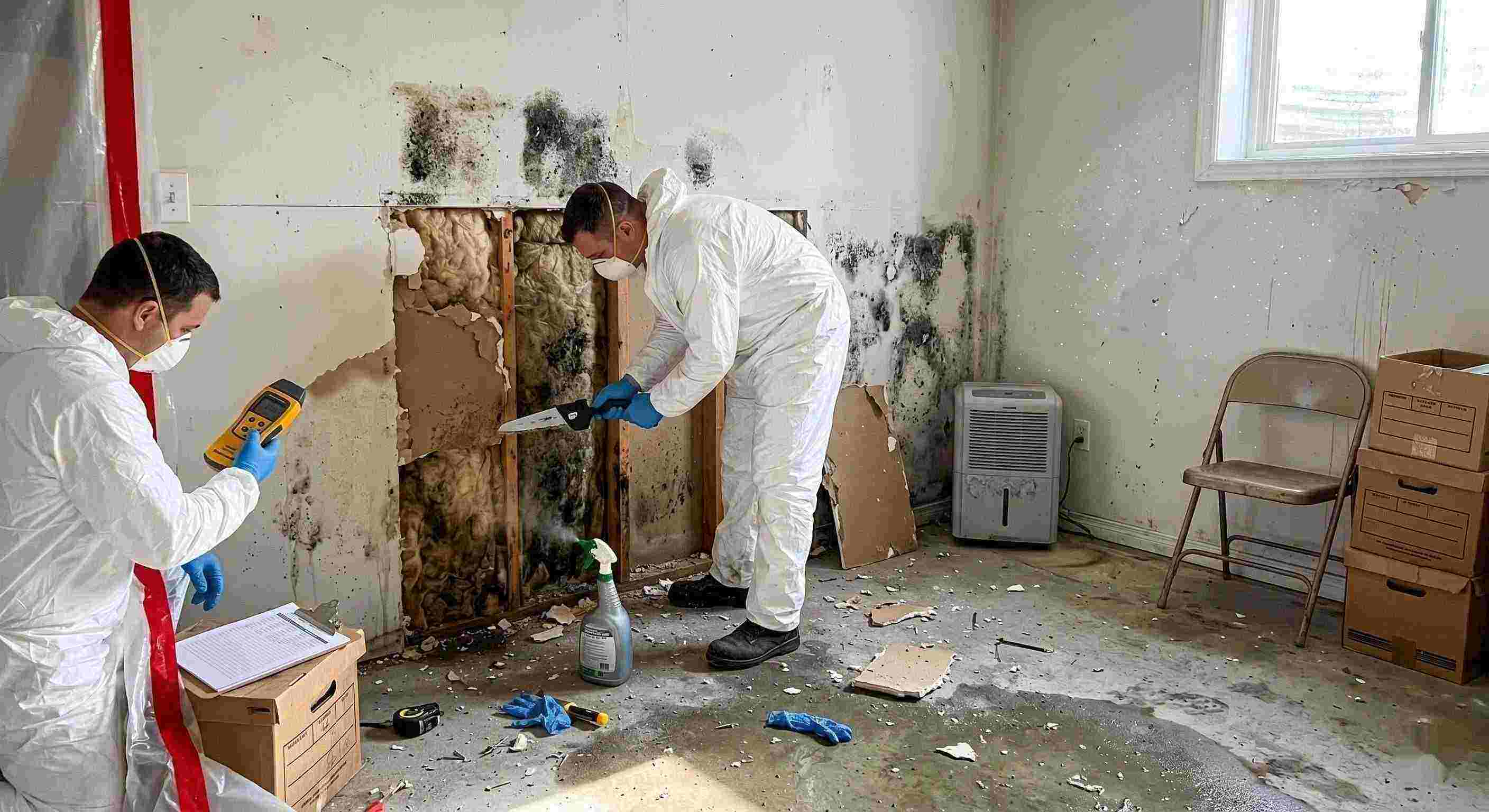Professional mold removal service in a residential home, showing technicians removing black mold and moisture-damaged drywall in Rochester.