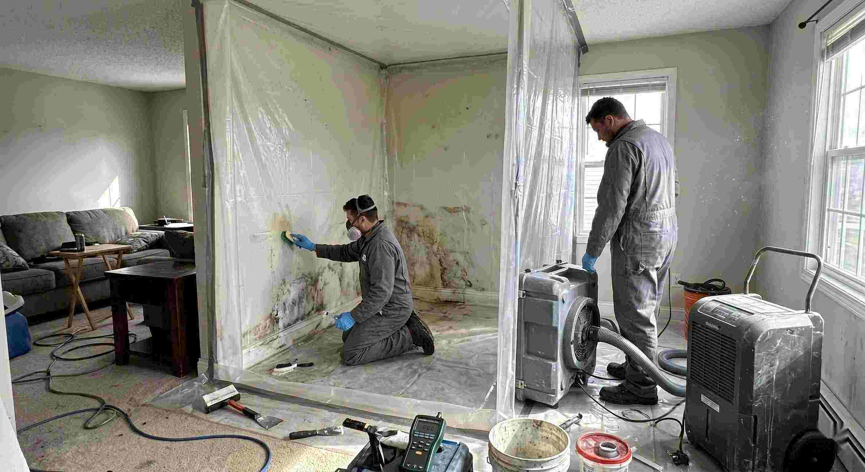 Technicians performing indoor mold removal in a residential home in Rochester, isolating damp areas and using HEPA air scrubbers and dehumidifiers.