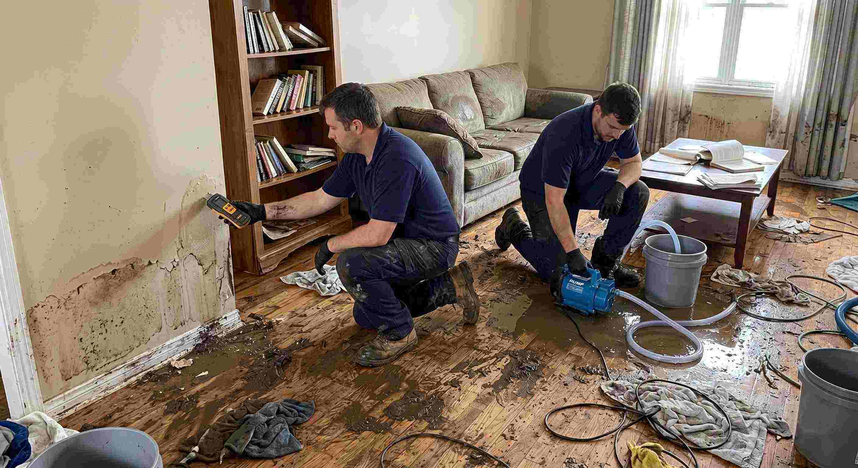 Realistic photo of a technician performing mud and debris removal after flooding in a home in Rochester, showing soaked floors, water-damaged furniture, and scattered cleaning equipment.