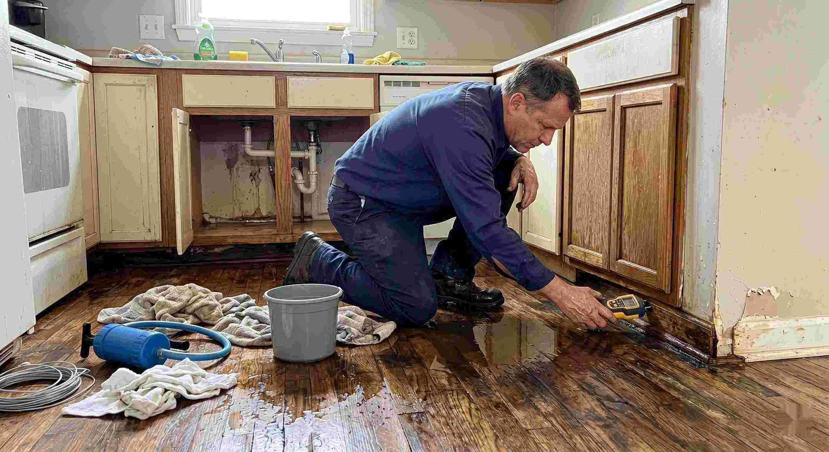 Technician performing pipe leak cleanup in a residential home in Rochester, inspecting water-damaged flooring and cabinets.