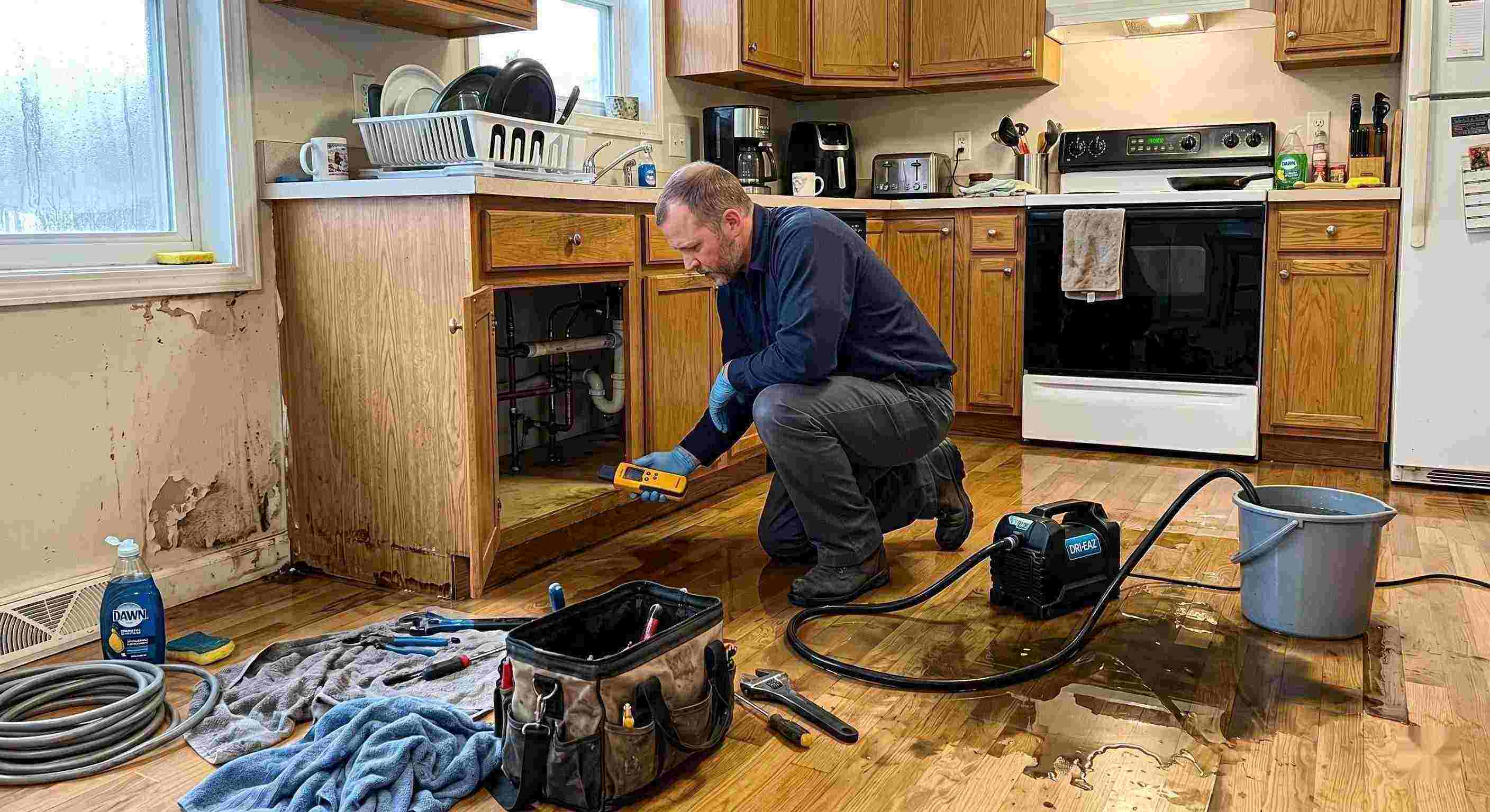Pipe leak cleanup service in a residential kitchen showing water damage and a technician actively restoring the area in Rochester.