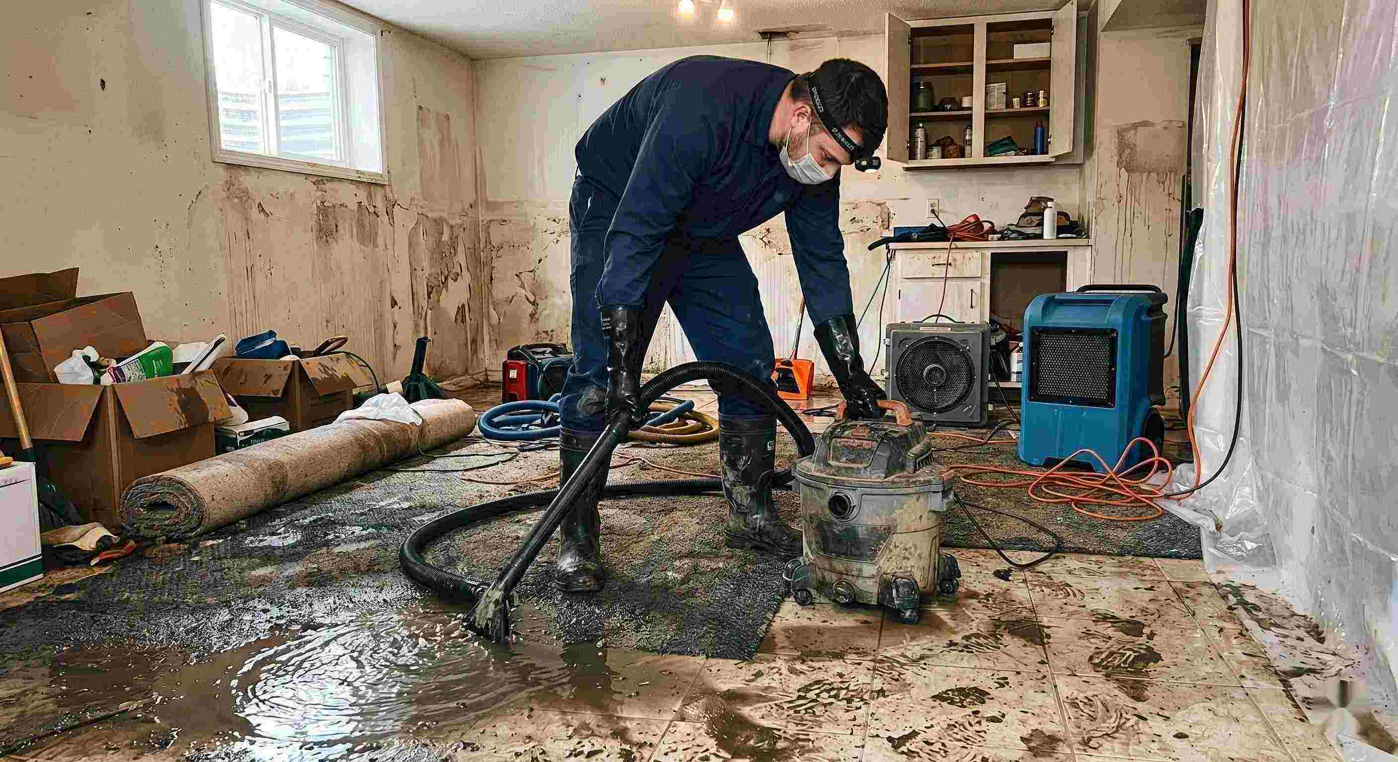 Action shot of a technician performing sewage backup cleanup in a residential home, showing water extraction and sanitation processes in Rochester.