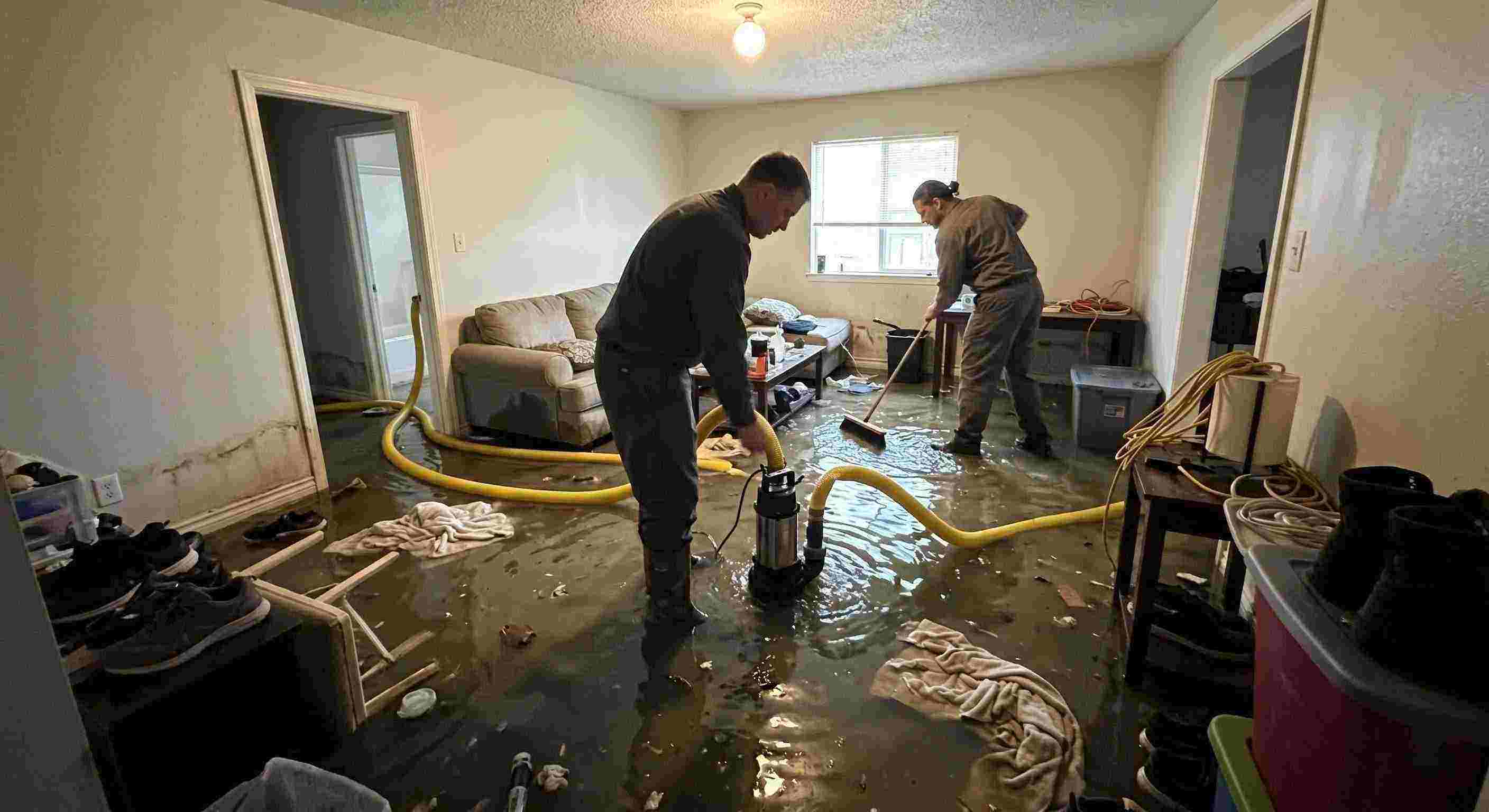 High volume residential pump-out services removing flood water with submersible pumps in Rochester