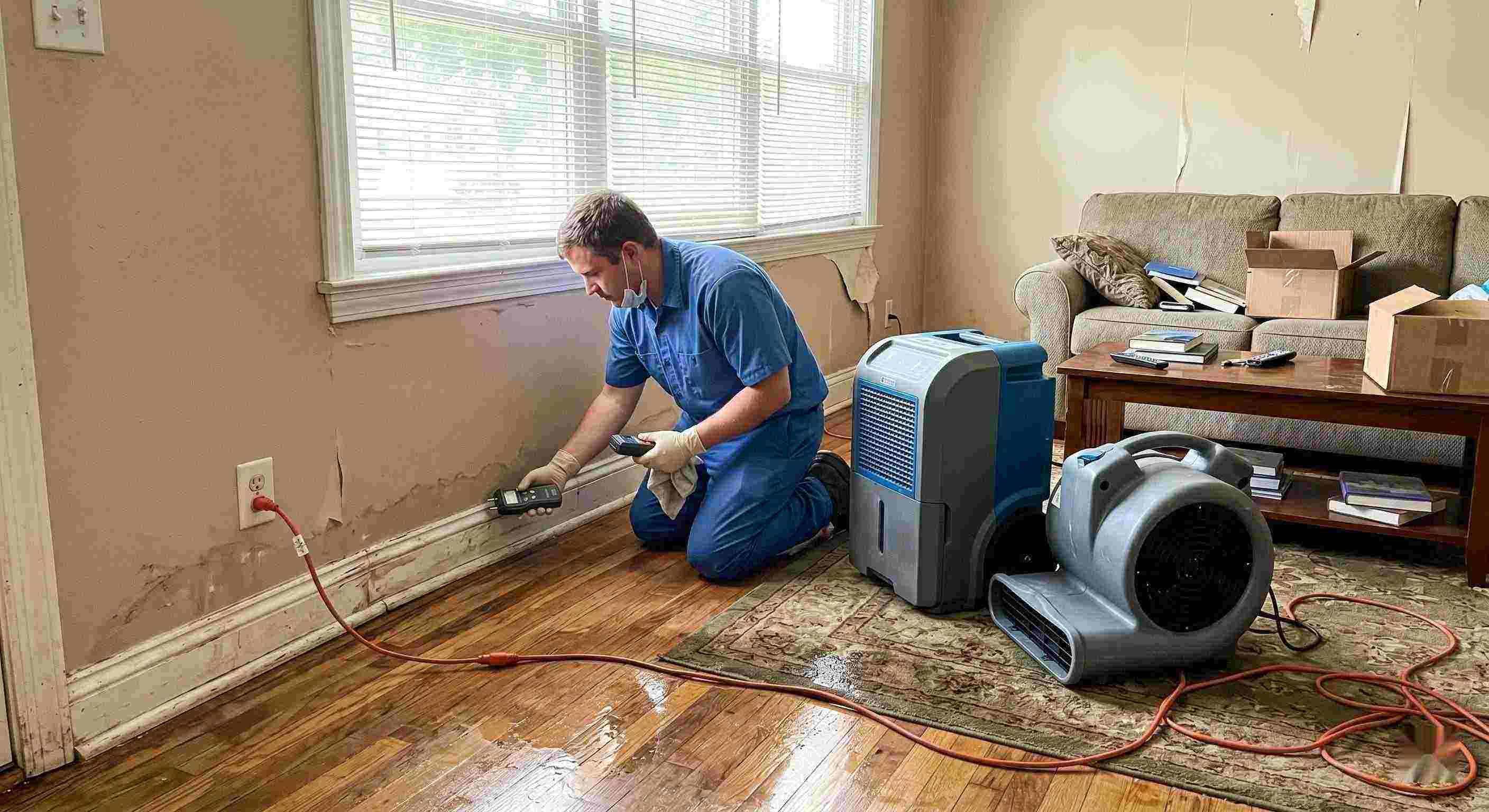Technician performing rainwater intrusion cleanup in a flooded home in Rochester, showing wet floors, damp walls, and dehumidifiers in use.