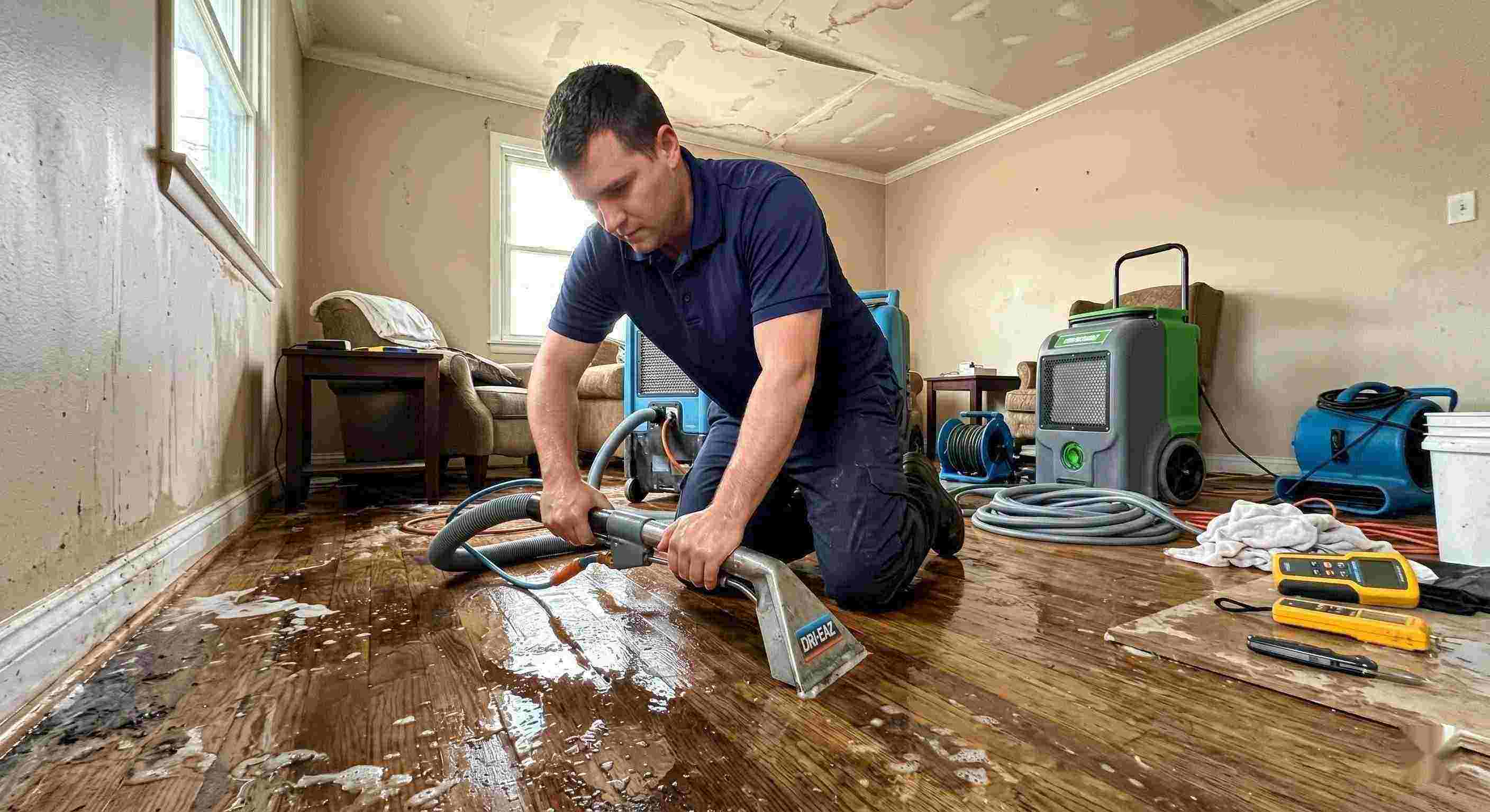 Action shot of a leak damage restoration technician performing water extraction and drying in a home in Rochester, showing realistic water damage and cleanup process.