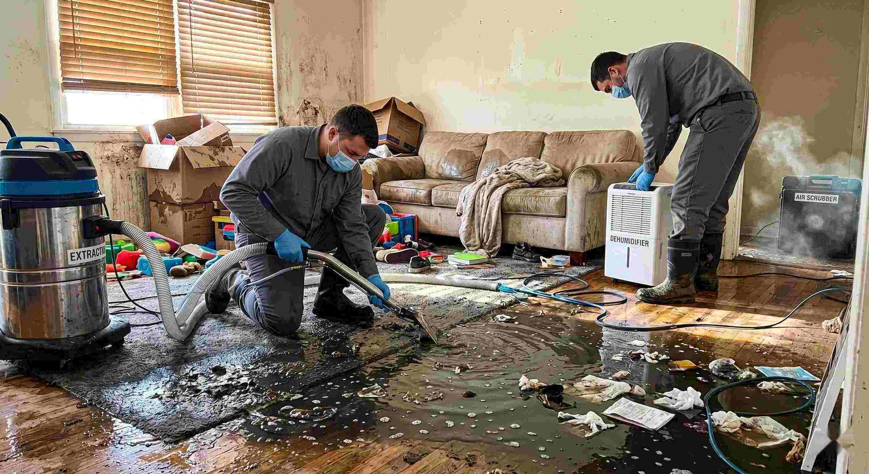 Realistic image of a residential sewage backup cleanup in progress, with technicians removing contaminated water and using drying equipment in a home in Rochester.