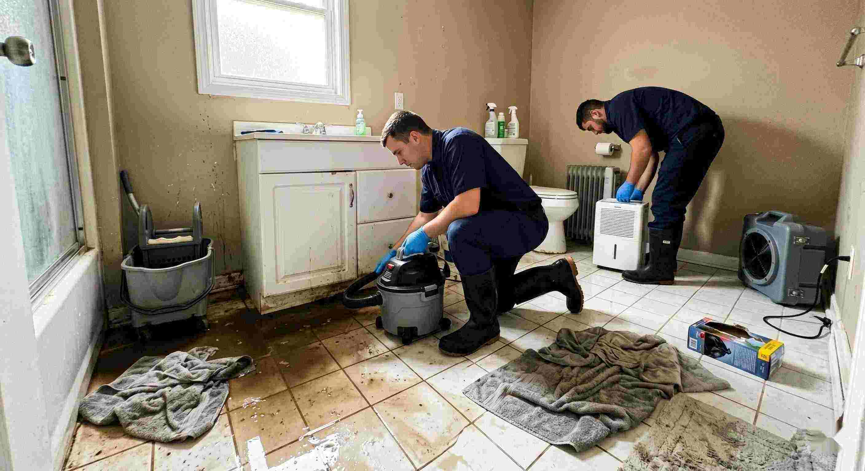 Realistic sewage backup cleanup in a home bathroom, technician extracting contaminated water during emergency sewage cleanup in Rochester