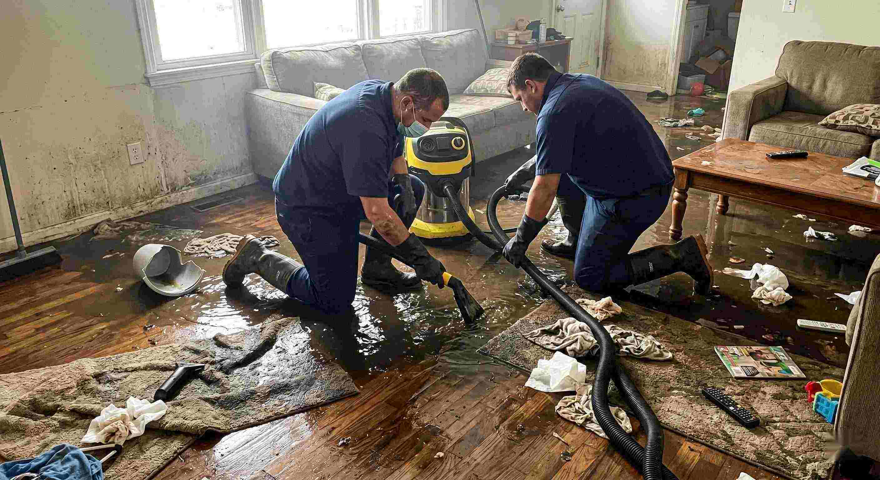 Realistic scene of sewage backup cleanup in a home showing technicians removing contaminated water in Rochester.
