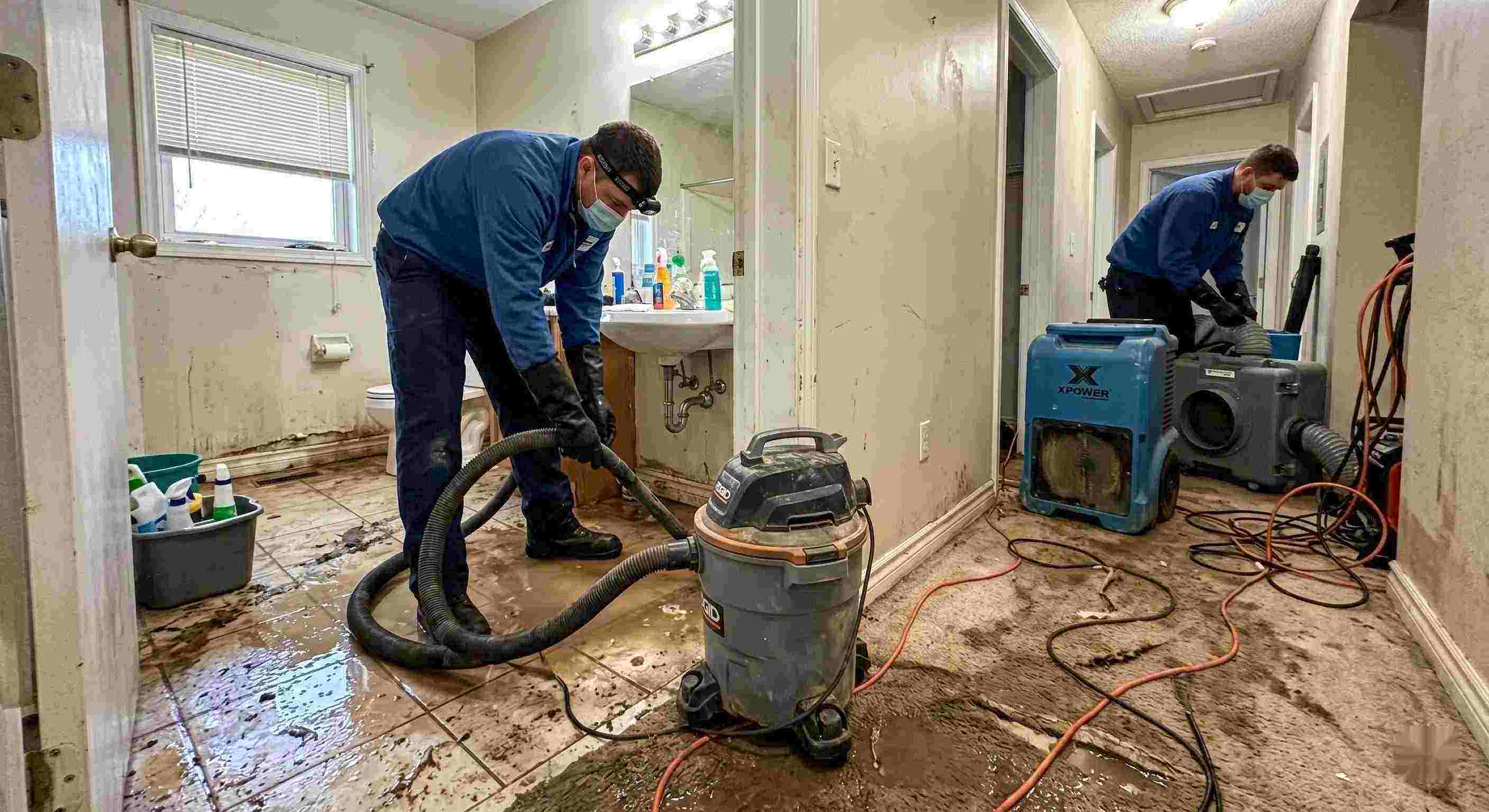 Sewage backup cleanup in a home with technicians removing contaminated water and drying surfaces in Rochester