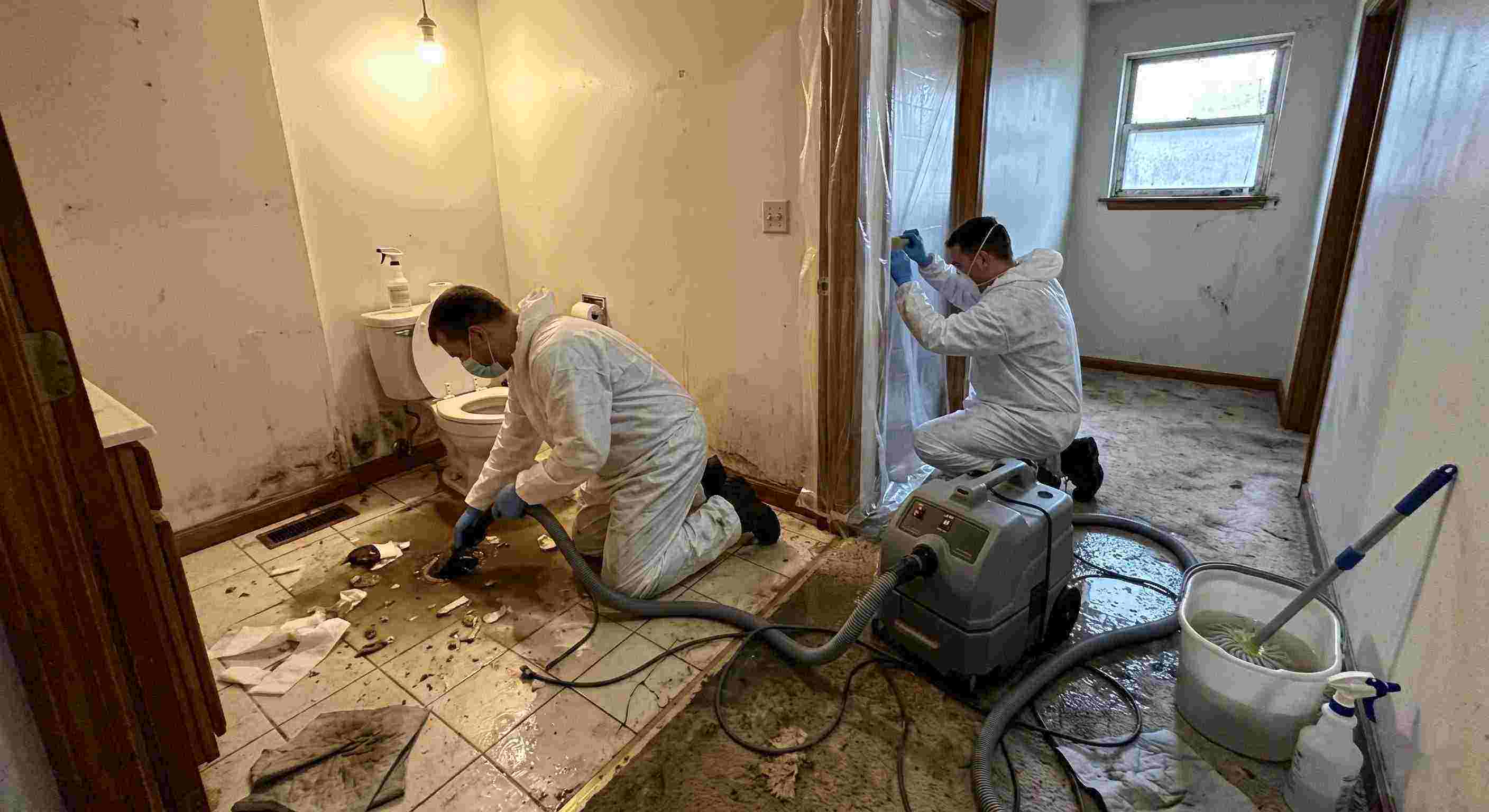 Reliable sewage backup cleanup technicians removing contaminated water inside home in Batavia