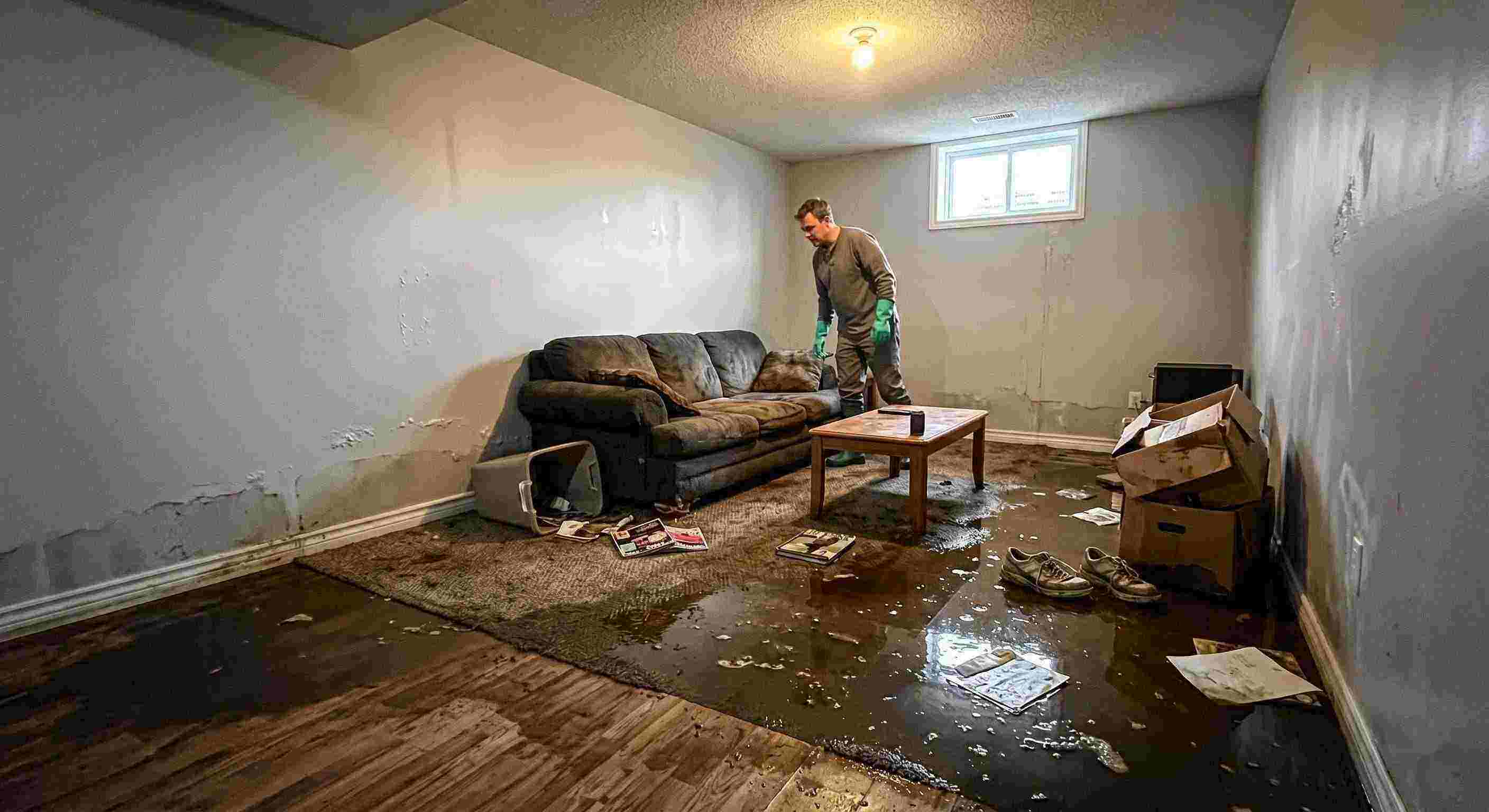 severe sewage backup damage spreading across basement floors and walls in Rochester home