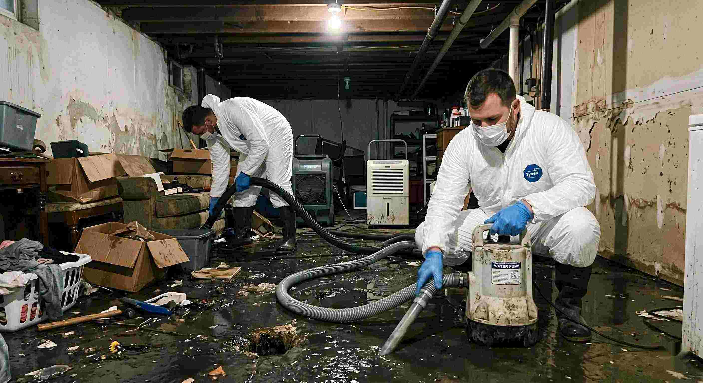 sewer backup cleanup technicians removing contaminated water from flooded basement in Rochester