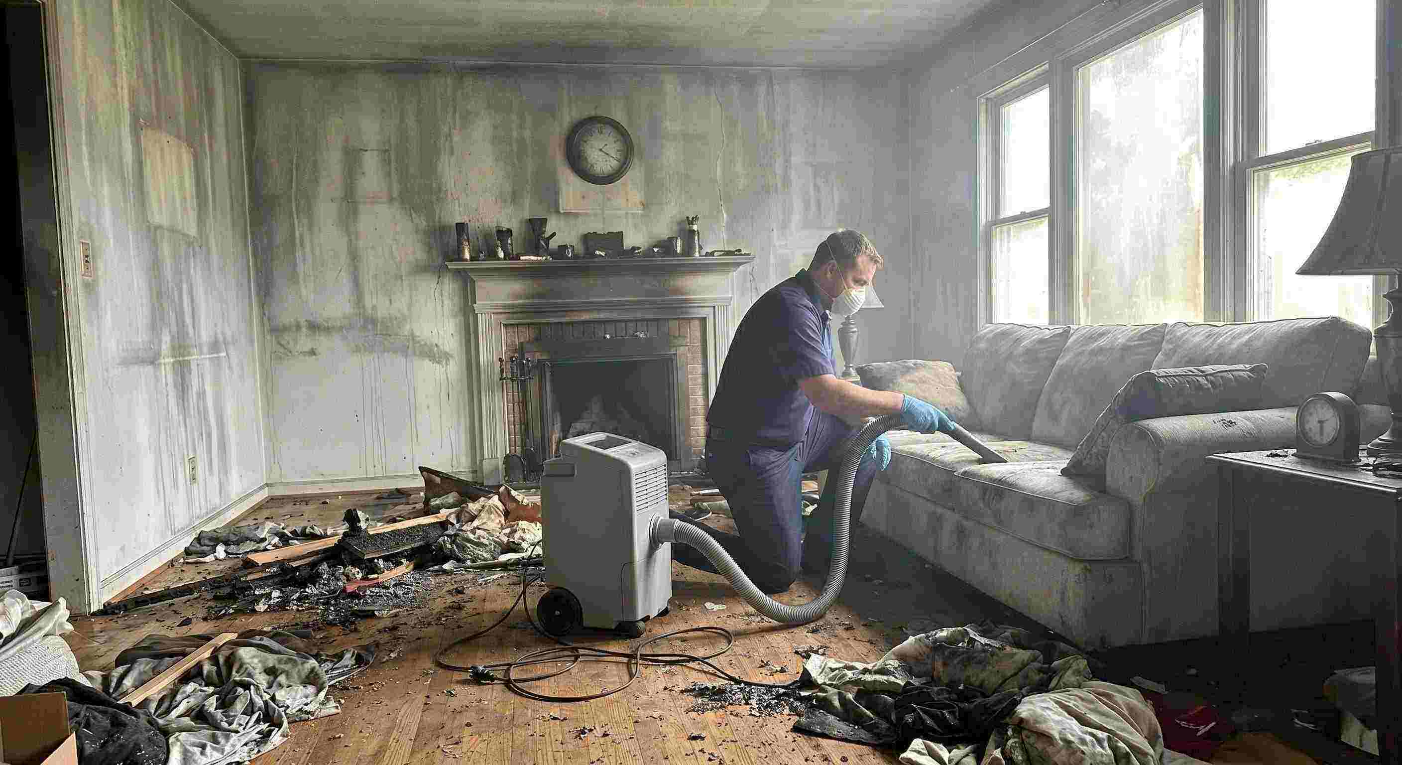 Realistic post-fire smoke damage removal in a home with soot-covered walls and debris being cleaned by a technician in Rochester.