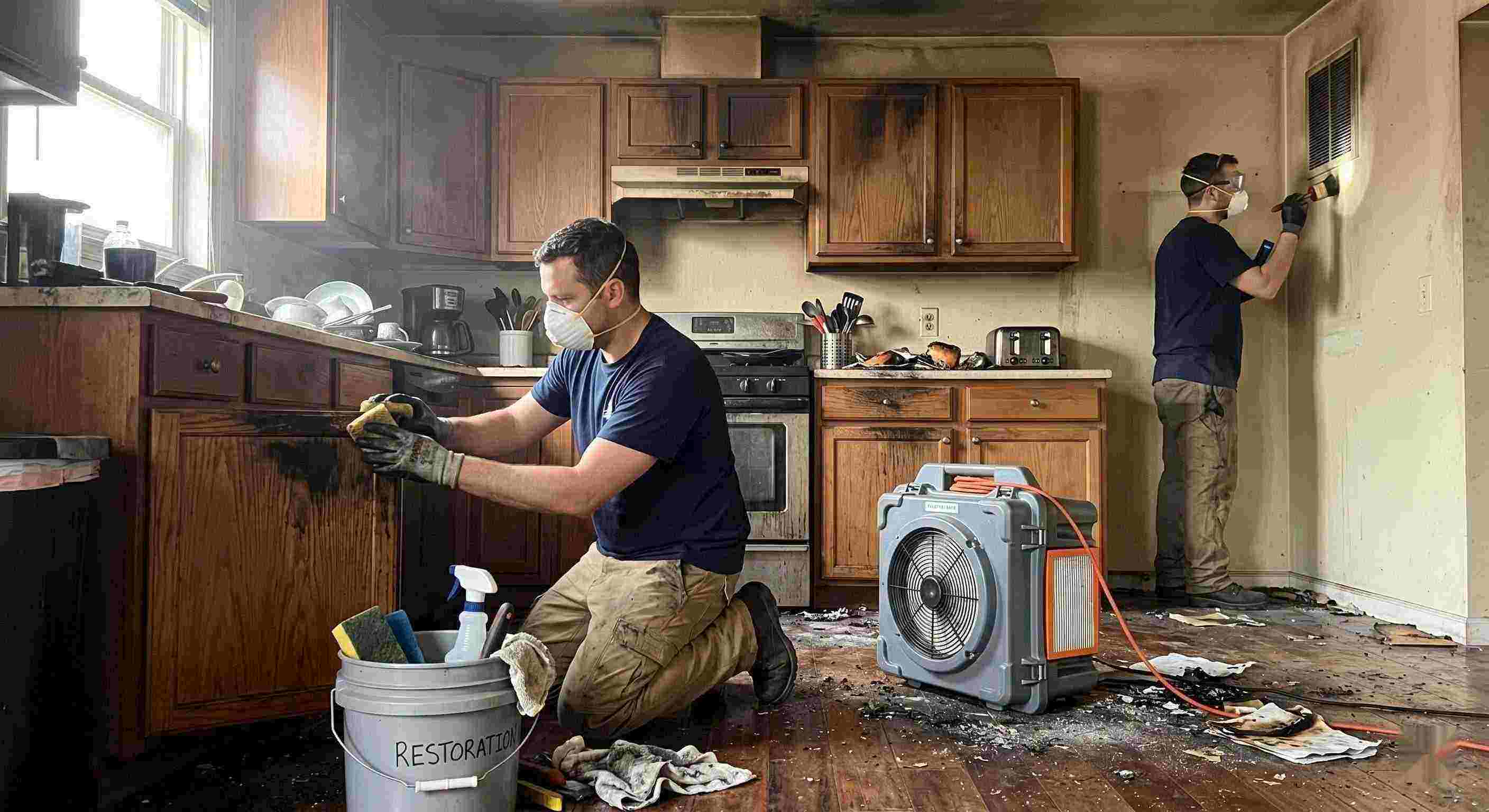 Technicians performing smoke damage removal in a home in Rochester after a kitchen fire, cleaning soot and restoring indoor air quality.