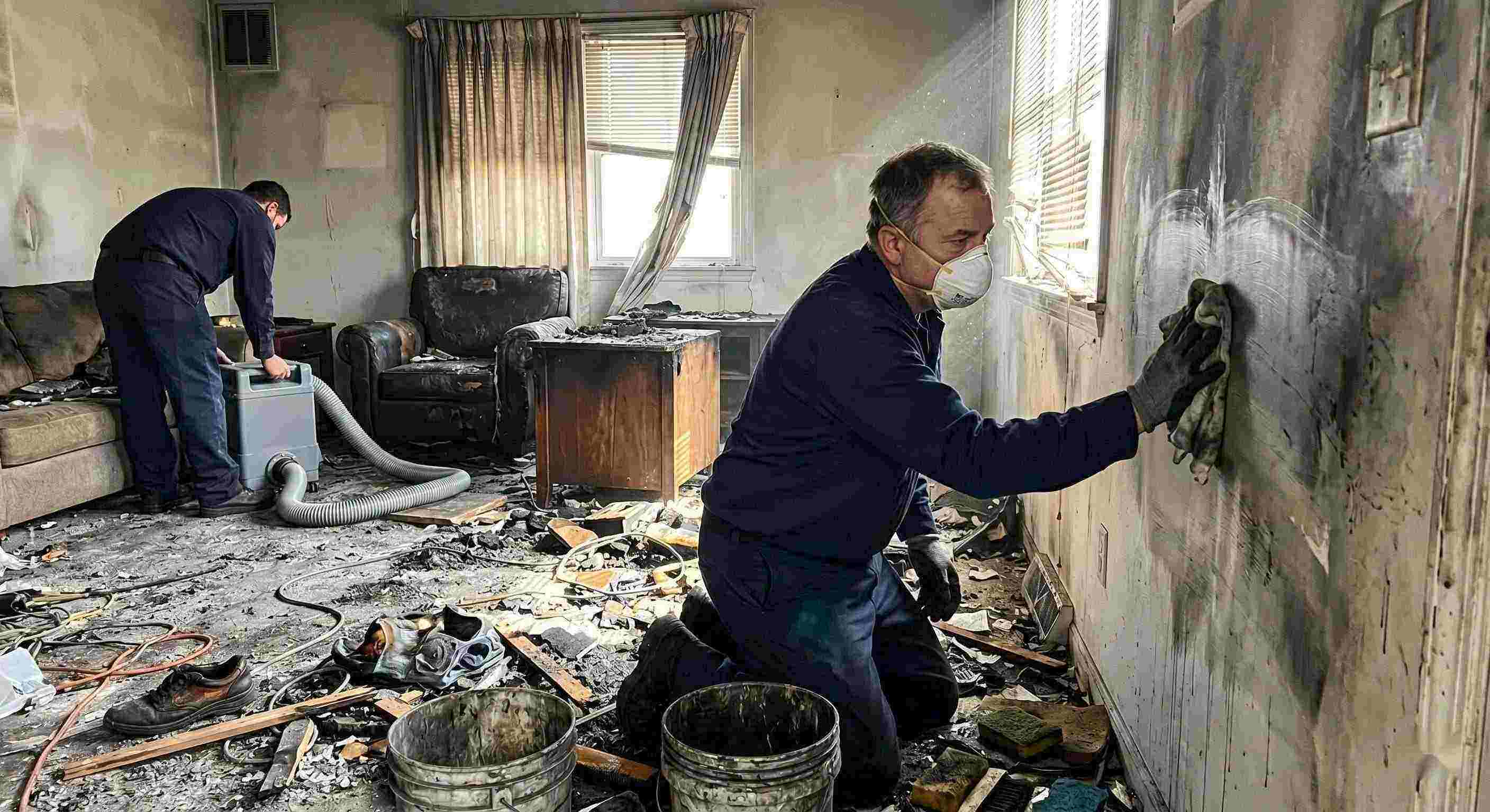 Technician performing soot removal in a fire-damaged home in Rochester, carefully cleaning walls and surfaces covered in smoke residue and ash